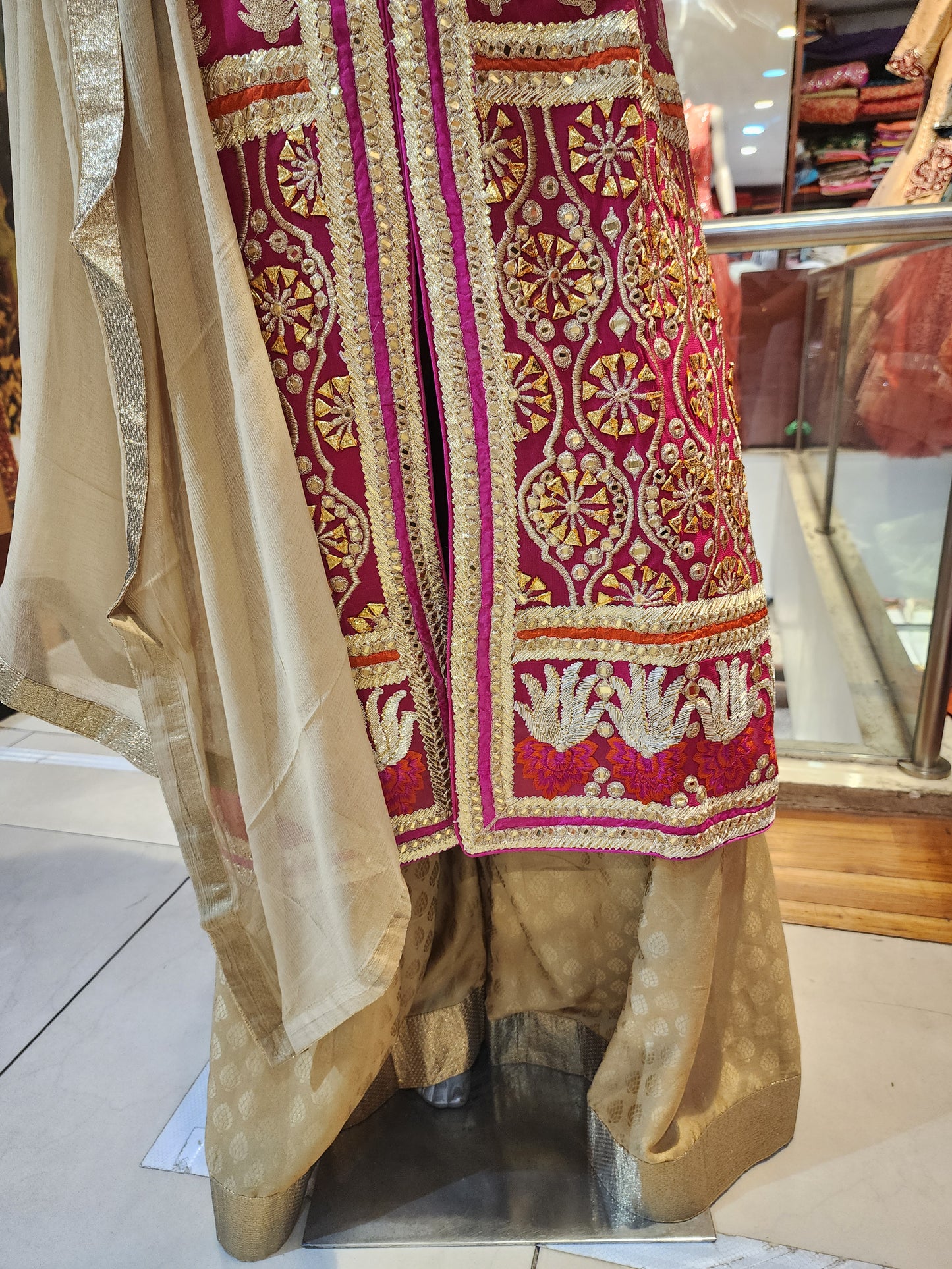 Magenta colour georgette Golden sharara suit dori + gota + mirror work , bottom self crepe