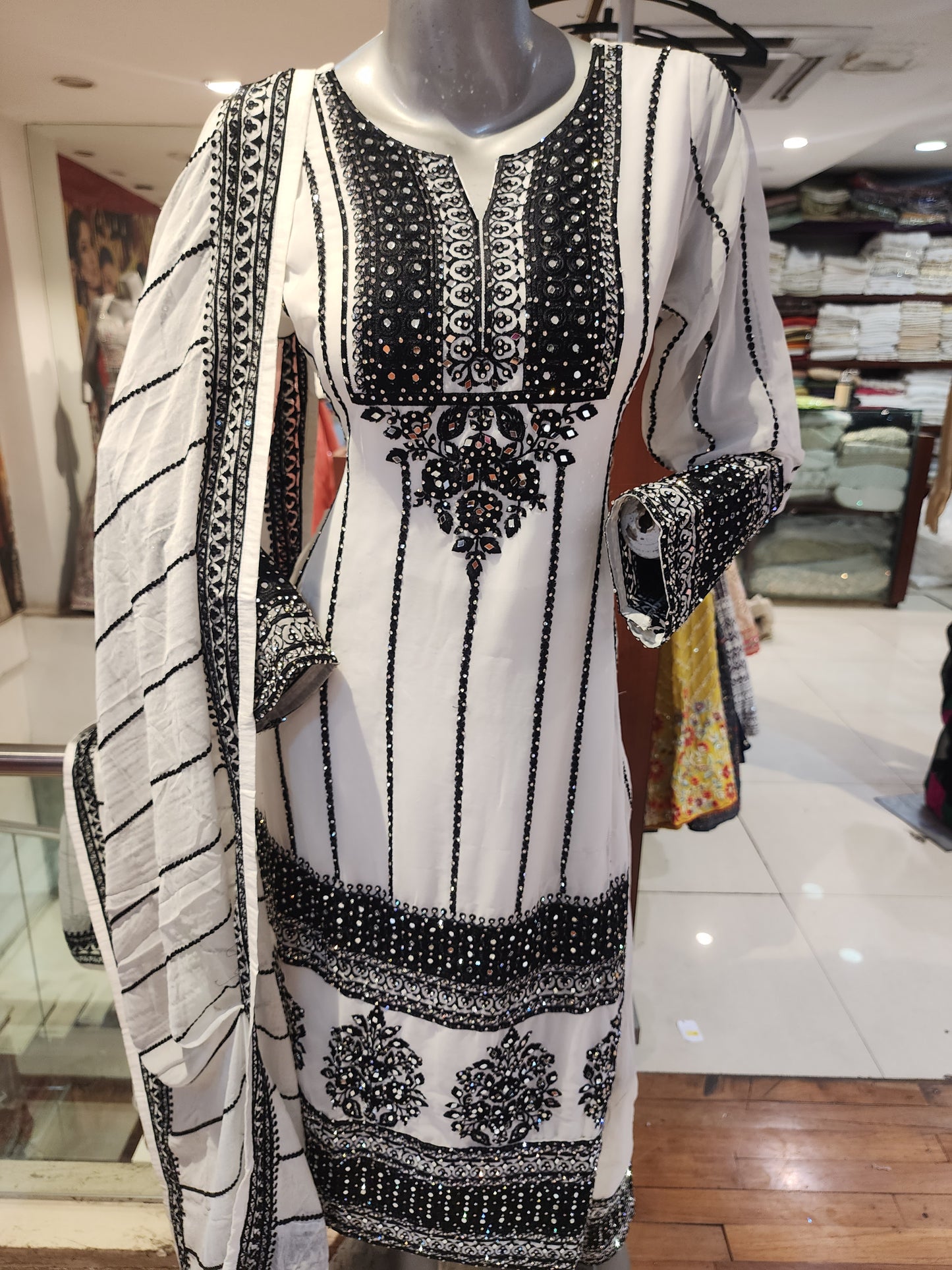 Georgette suit with pant , mirror work