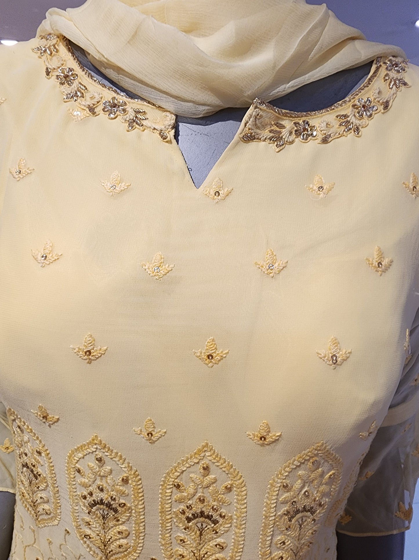 Georgette chikankari yellow colour readymade sharara suit with dupatta