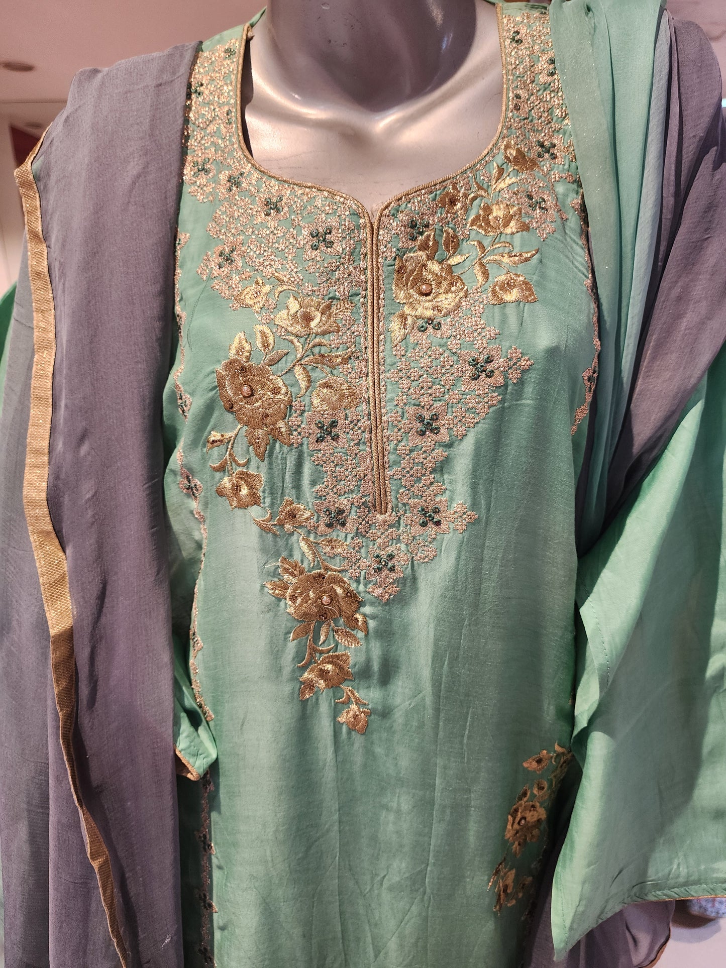 Semi stich muslin suit Seagreen and Grey