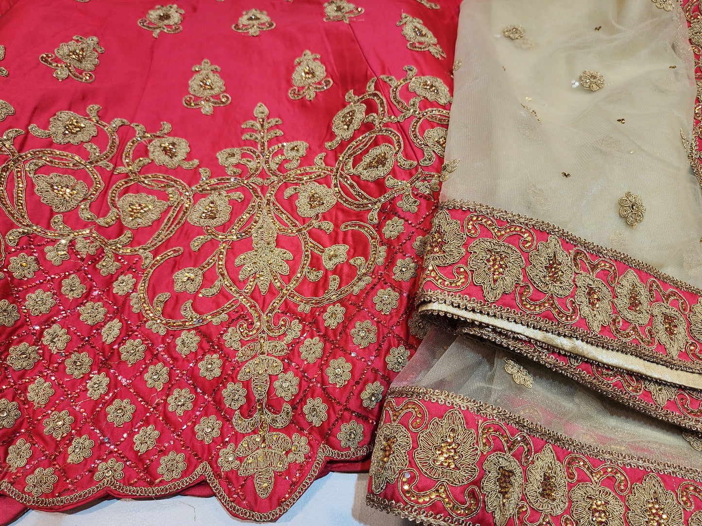 Red colour pure silk aari and servowski work lehanga unstiched