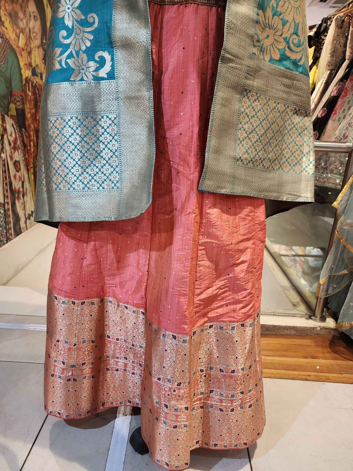 Orange banarsi silk lehanga with firozi banarsi dupatta