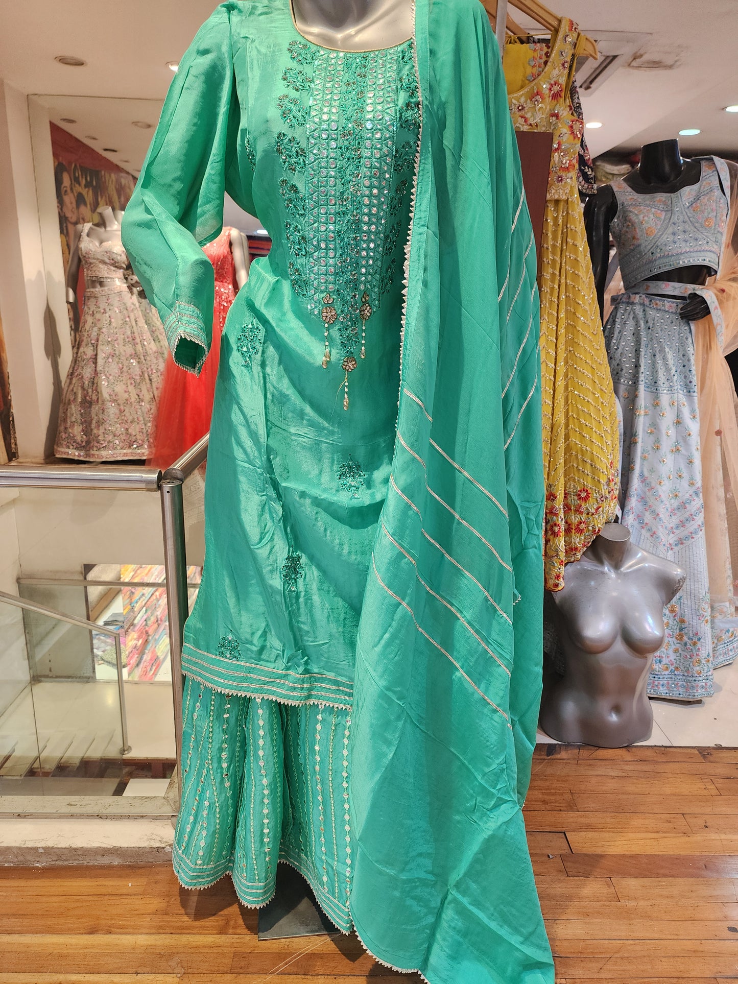Semi stitch Green lehanga suit with dupatta ,L XL XXL