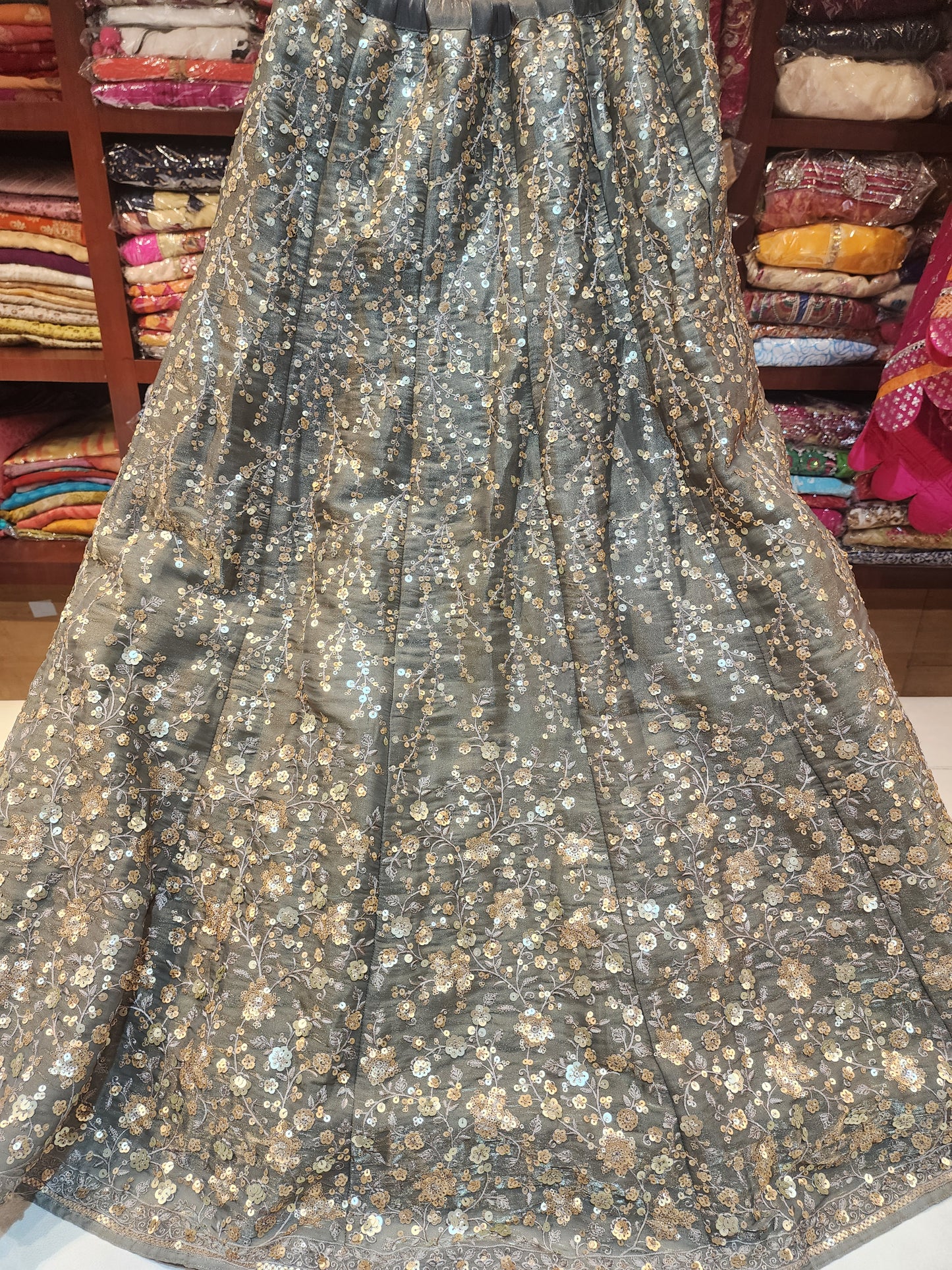 Pure tissue silk sequins and thread work lehanga choli with dupatta , space Grey colour