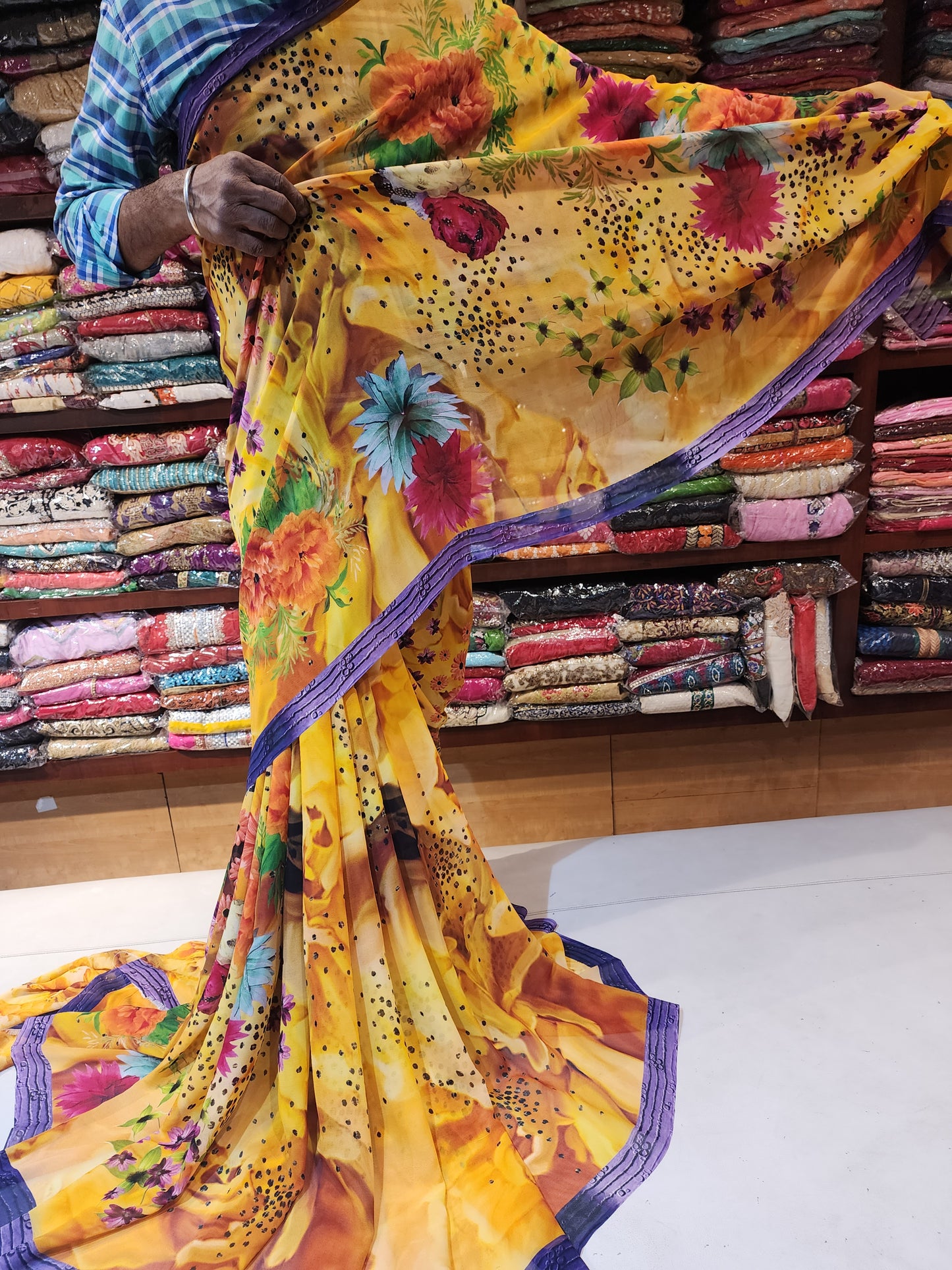 Yellow printed georgette saree with printed blouse