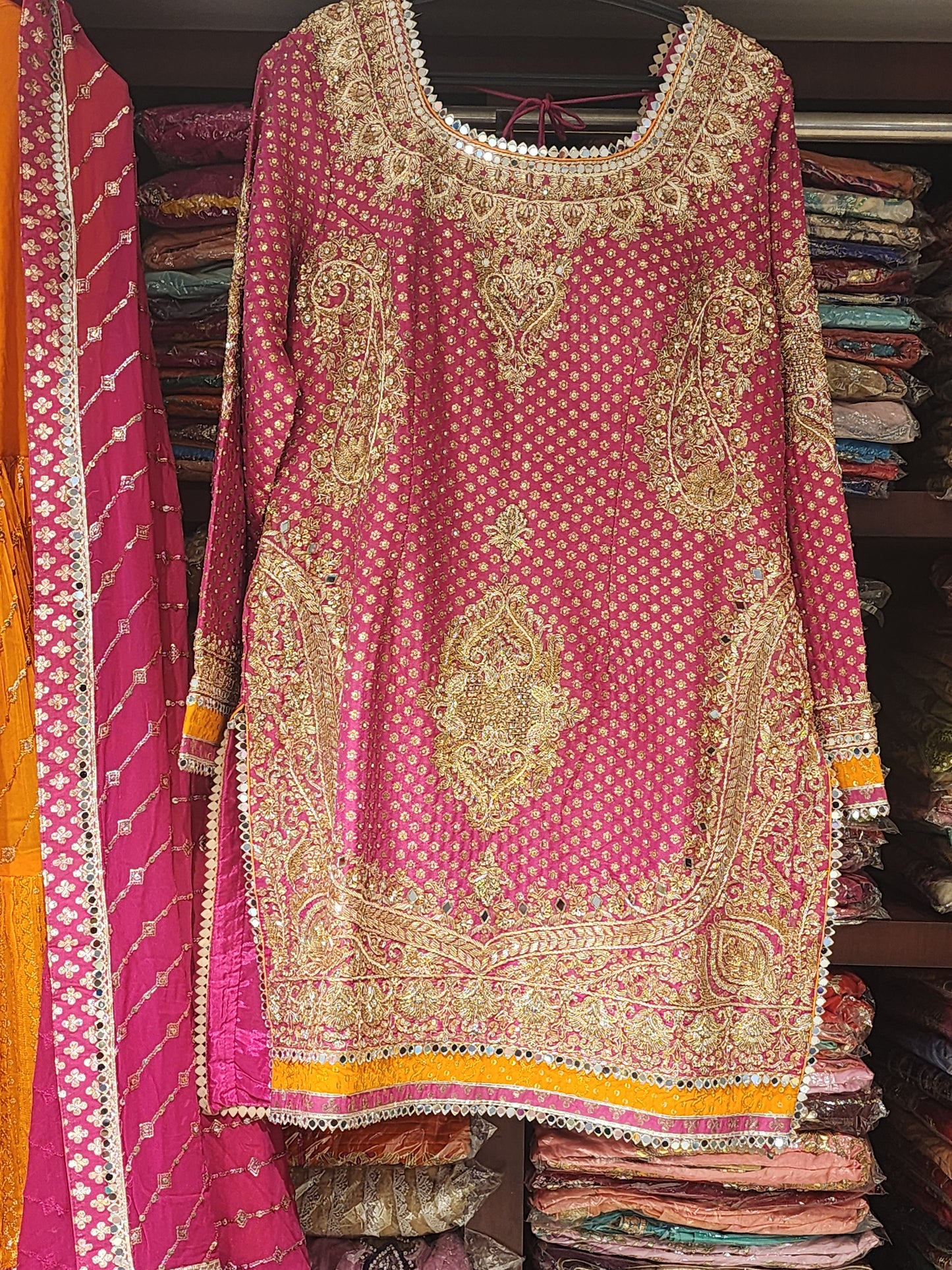 Pink and Mango colour banrasi georgette handwork sharara shirt suit