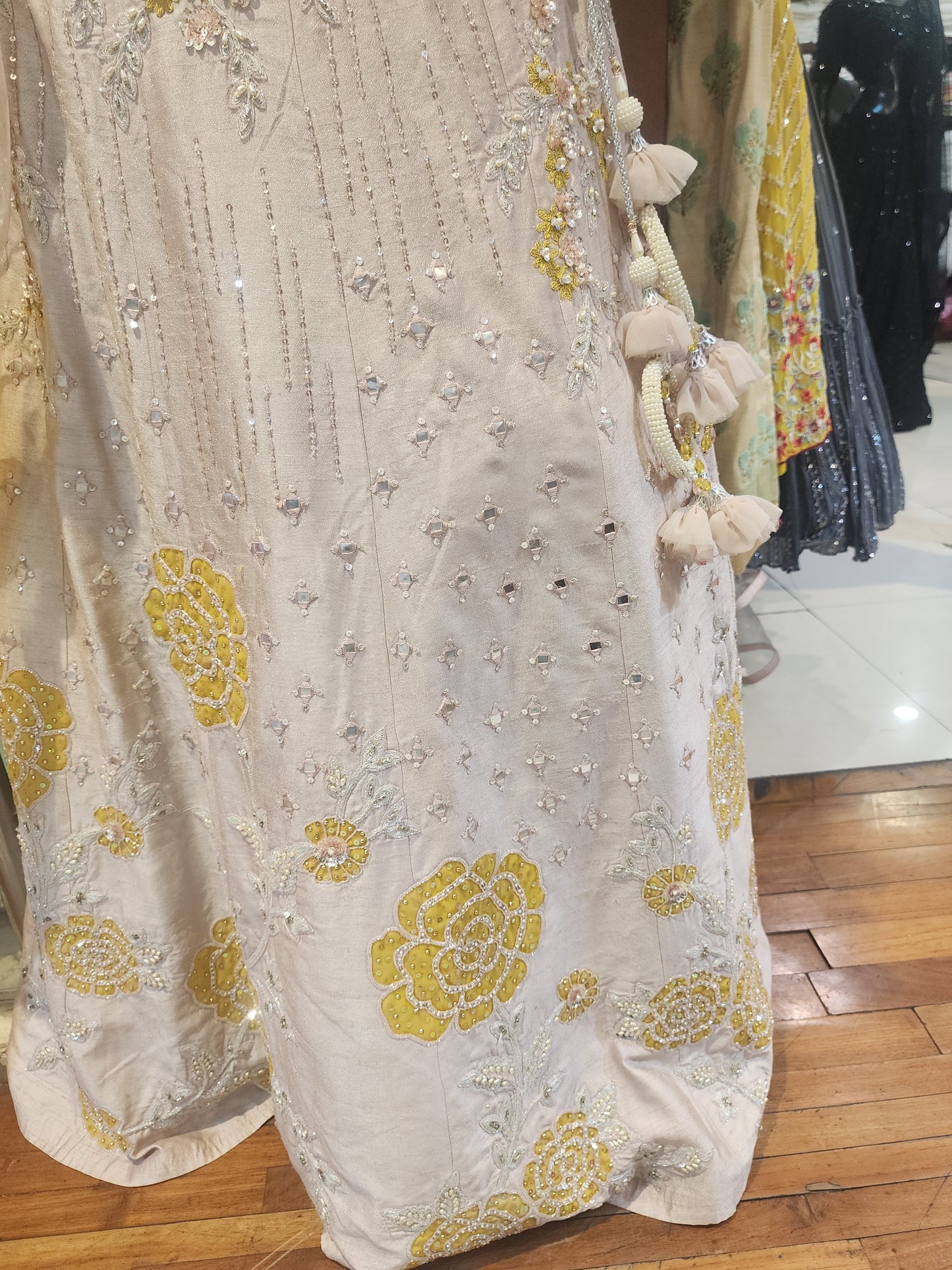 Dusty pink colour lahanga resham +pearl +sequins +mirror +patch work , mirror work blouse with net dupatta