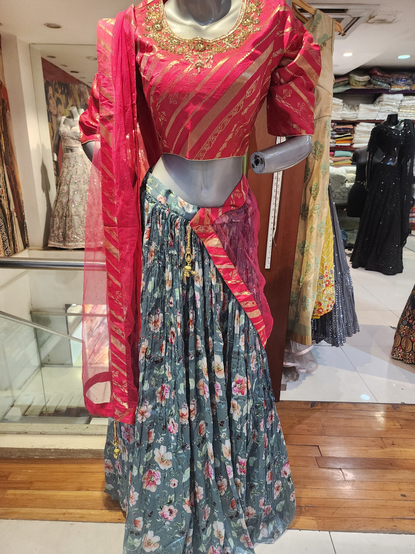 Printed chinon lehanga with banarsi blouse with hand work , net dupatta