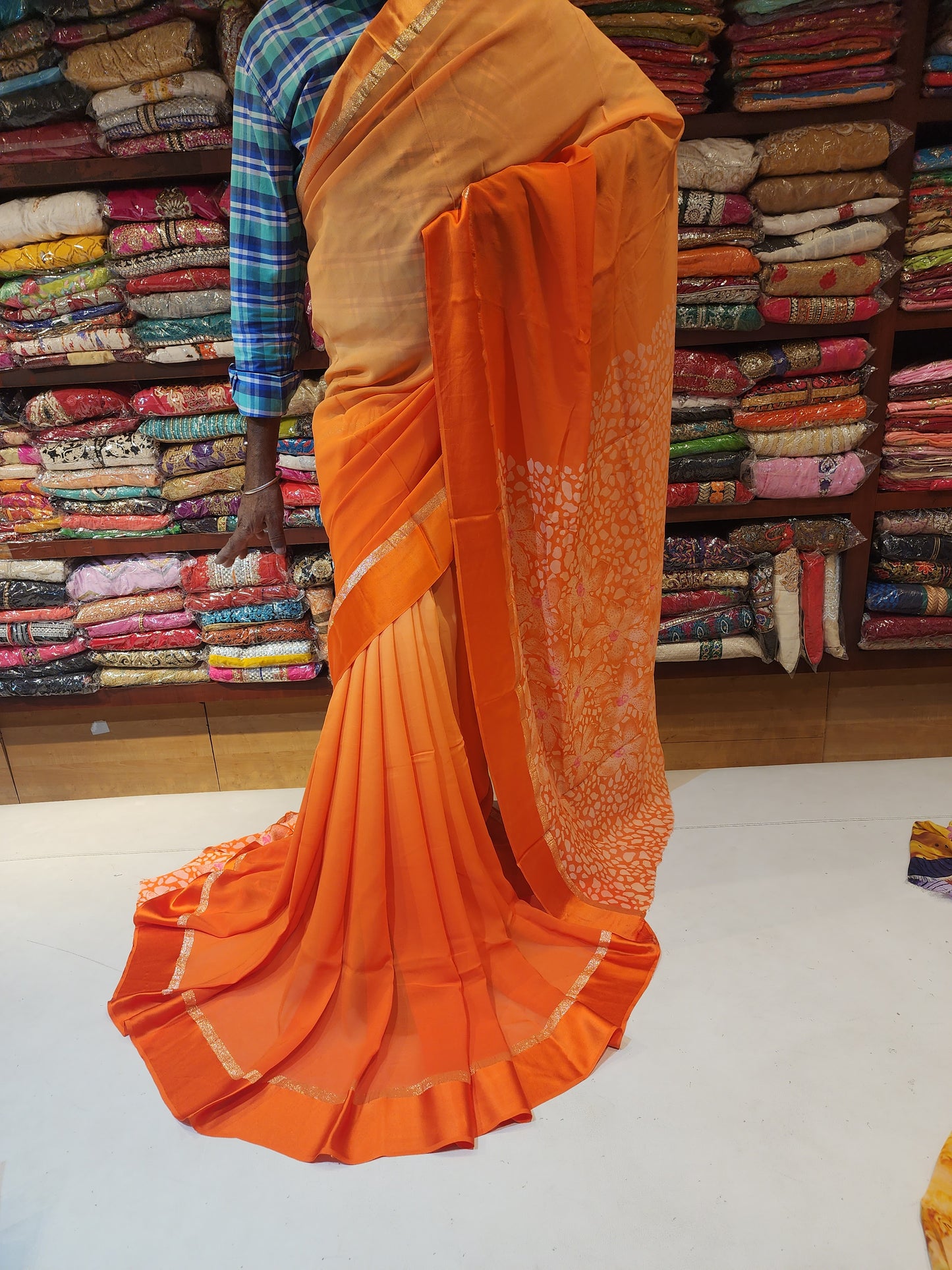 Georgette orange saree with Satin border in shaded . Printed blouse and pallu