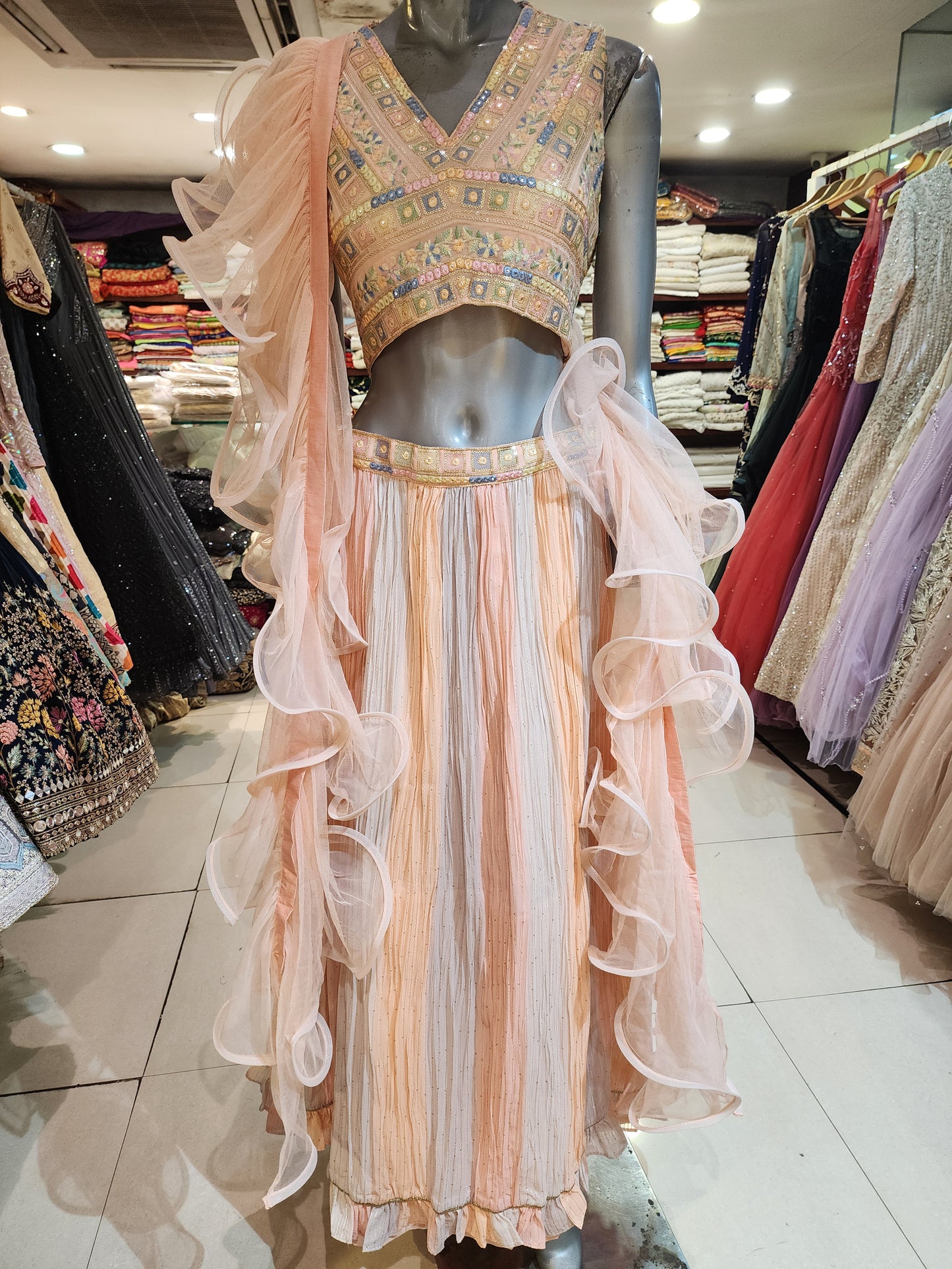 Peach and Grey crush georgette lehenga , multi thread work + mirror work choli