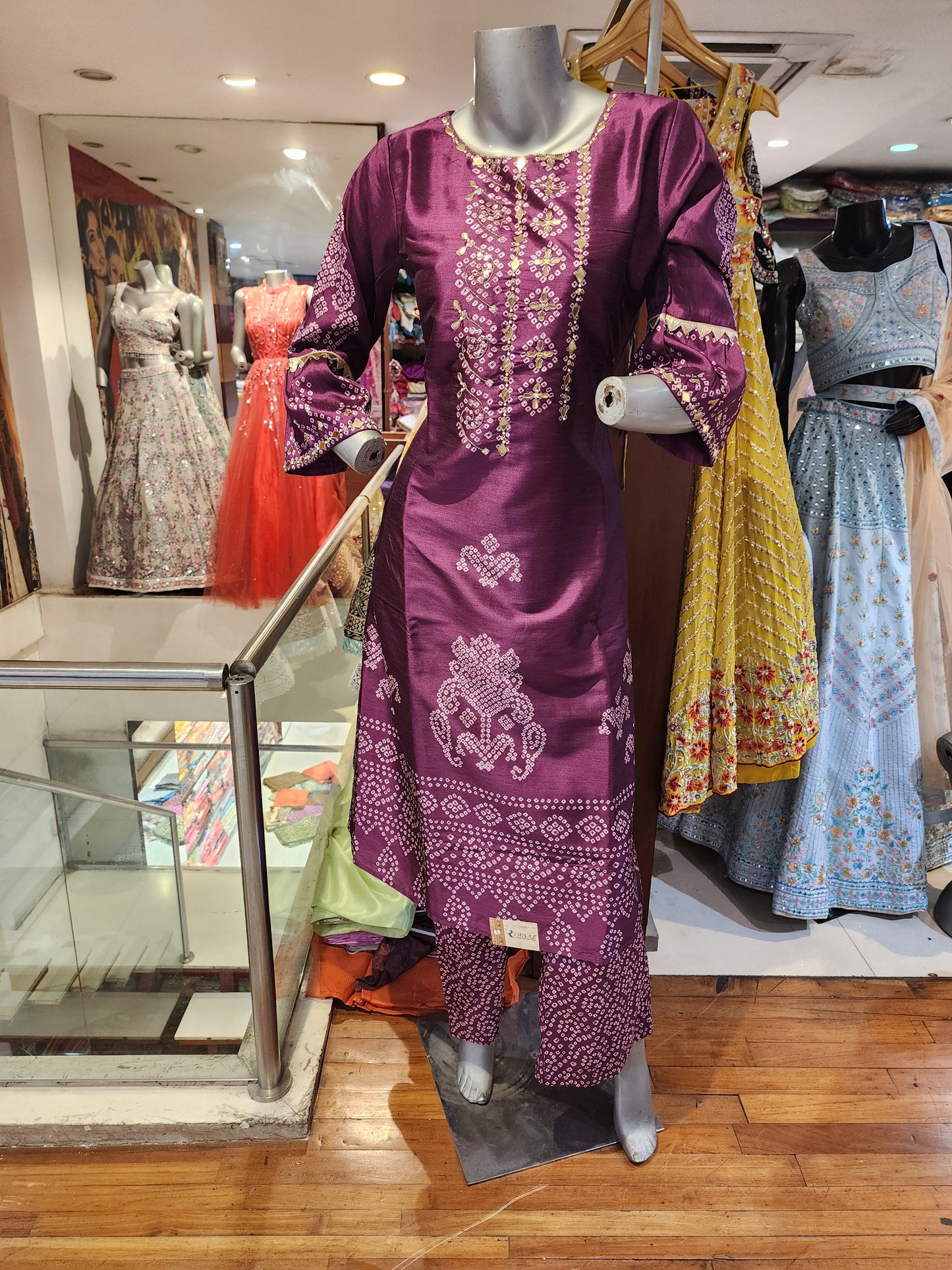 Readymade purple bandhni print suit