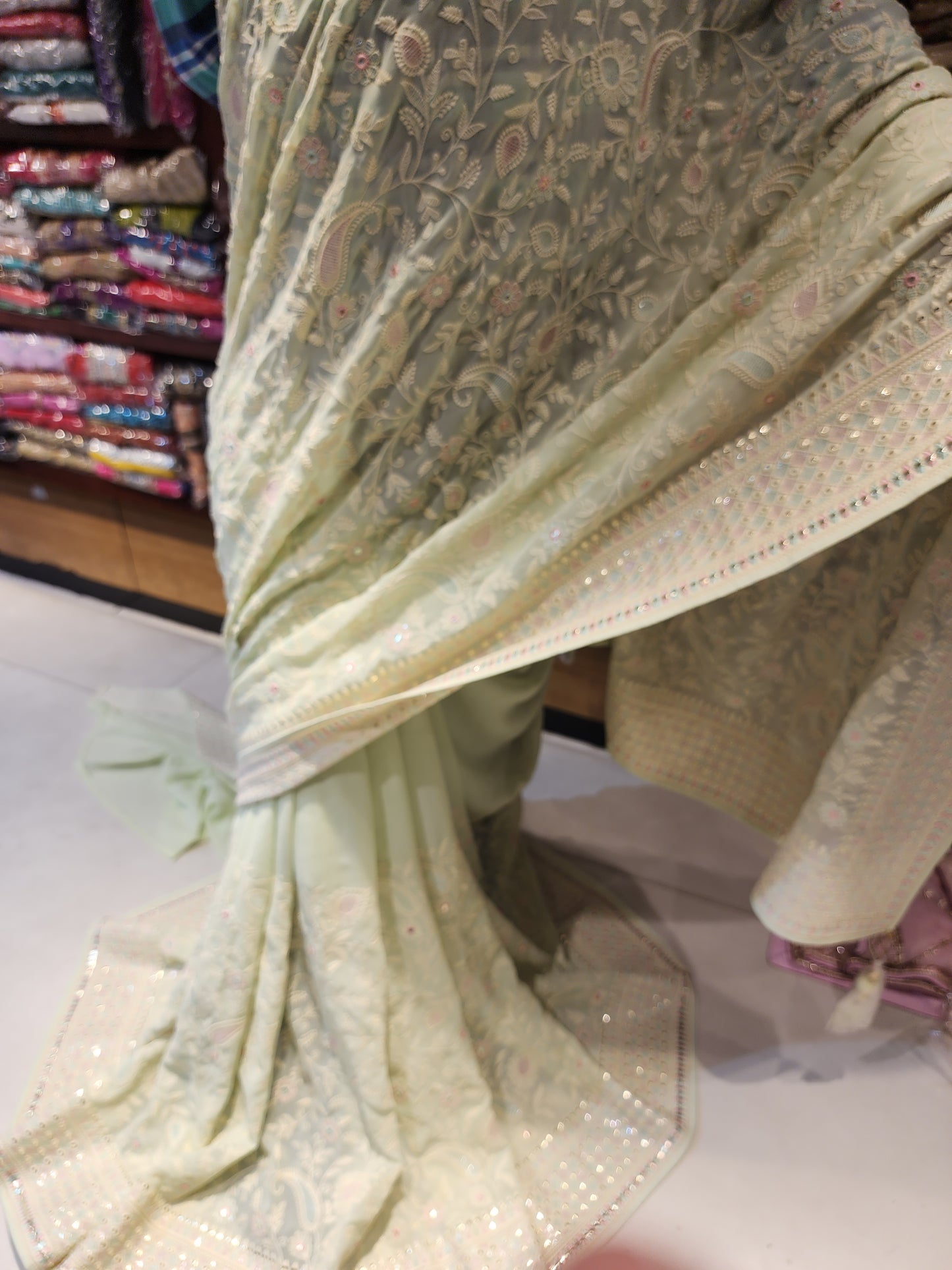 Pista Green machine Luckhnowi mirror work georgette saree