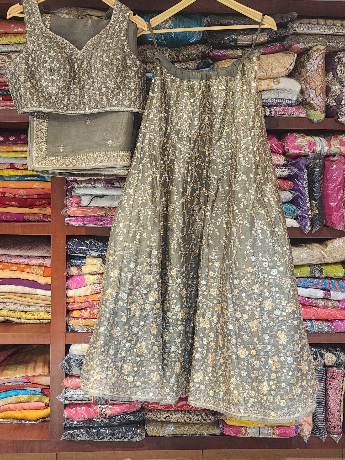 Pure tissue silk sequins and thread work lehanga choli with dupatta , space Grey colour