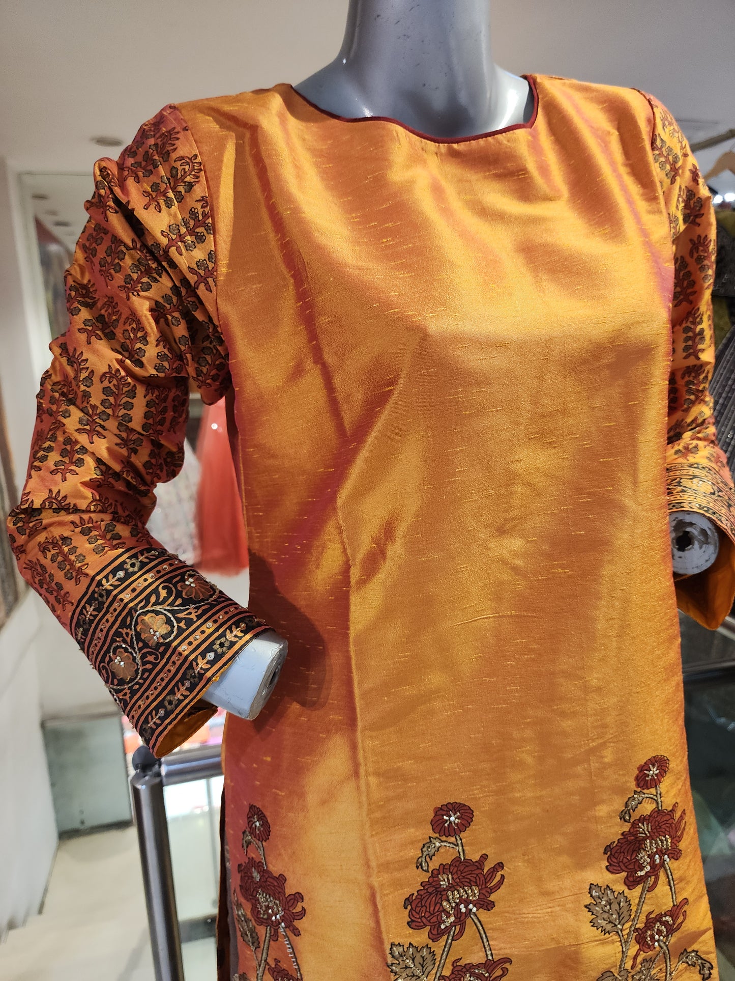 Orange cotton raw silk readymade suit sharara