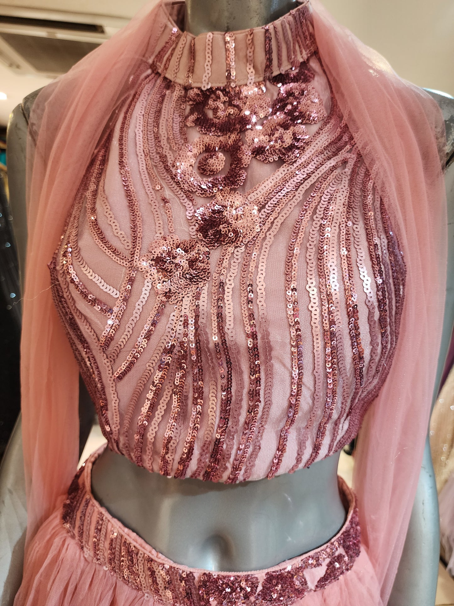Pink chromium net lehenga