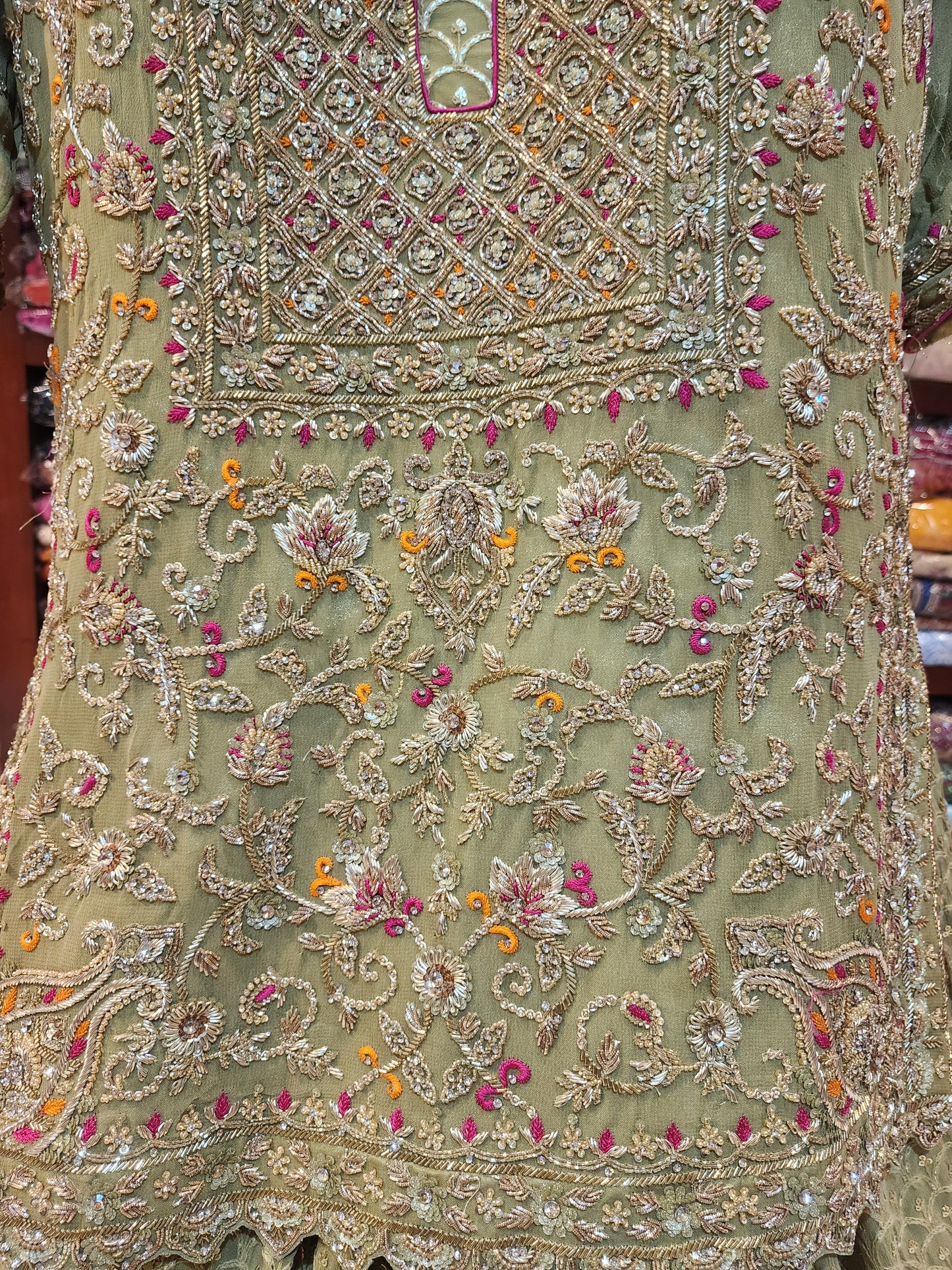 Pista Green handwork shirt and lakhnavi sequins lehanga with magenta dupatta with border