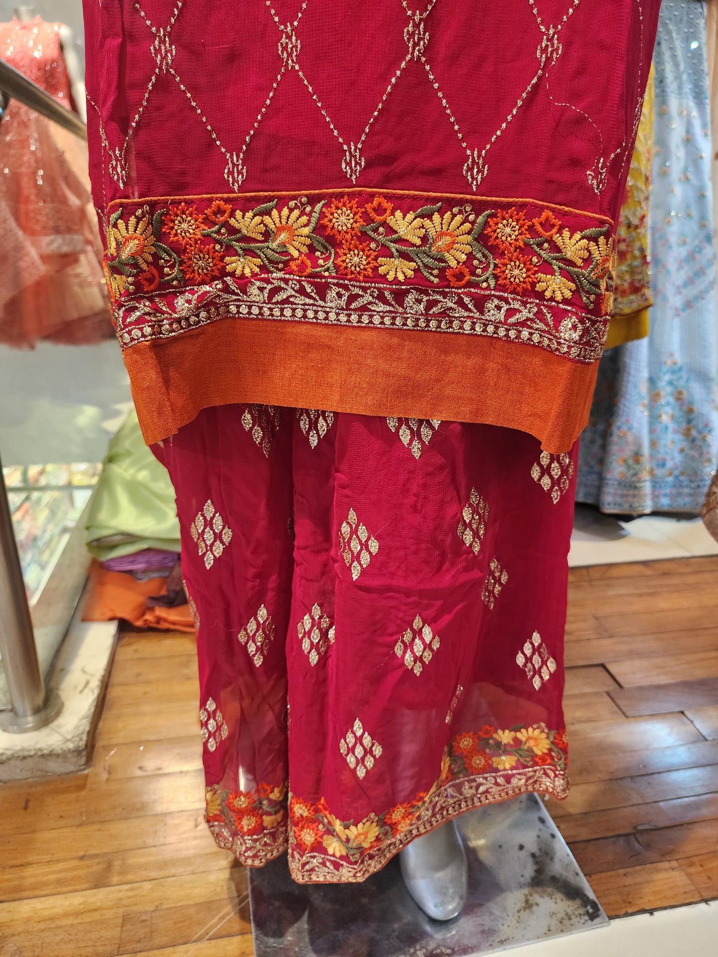 Red colour machinethread work sharara suit