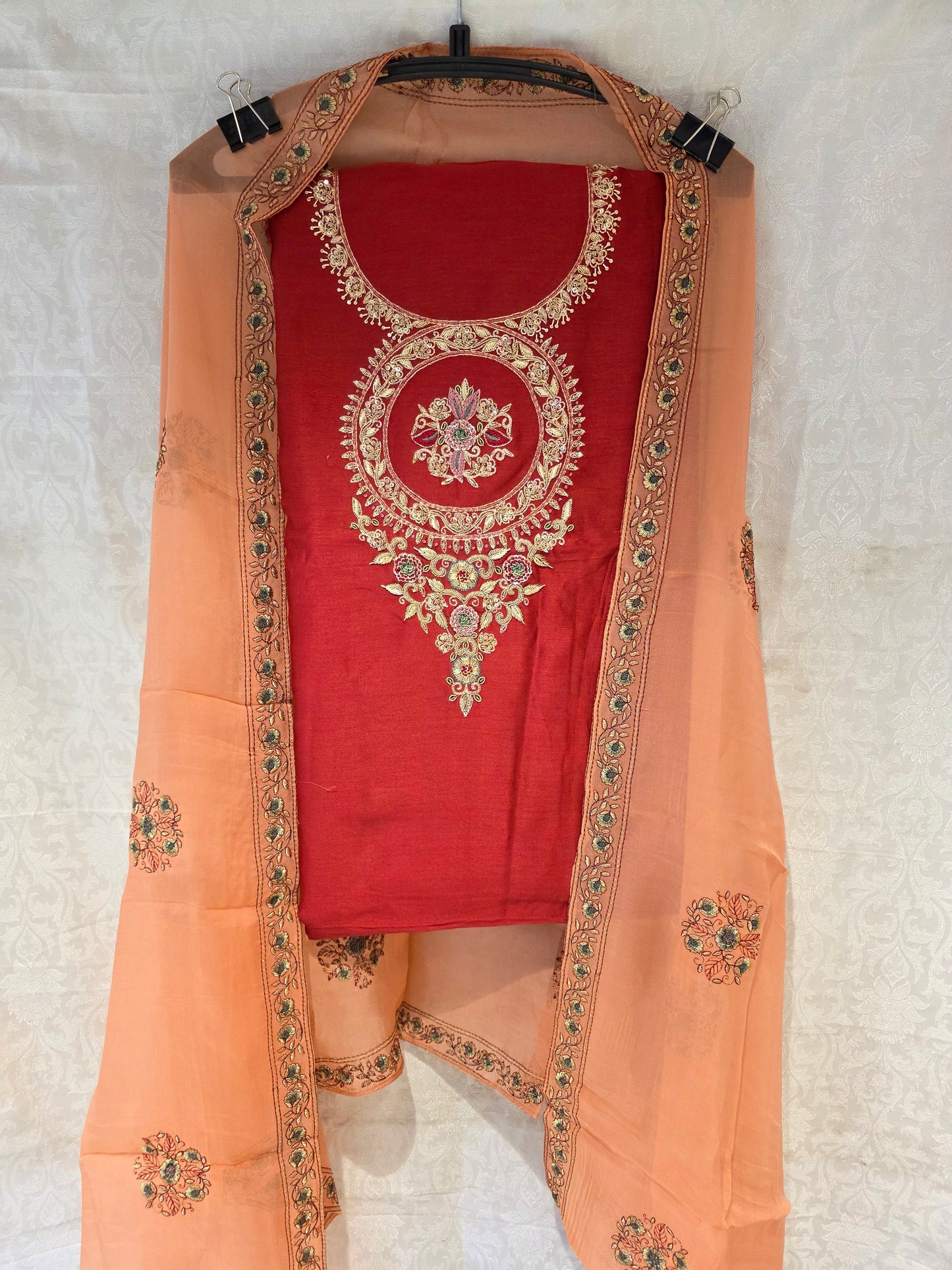 Cotton silk unstiched suit with organza dupatta handwork