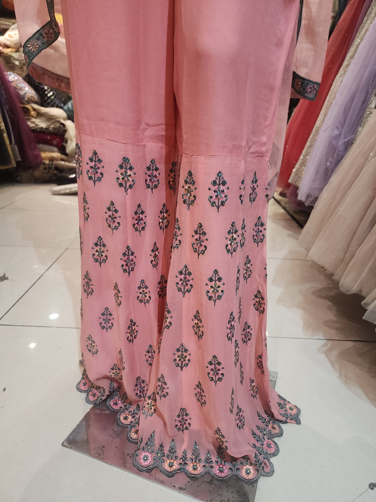 Grey and pink georgette machine and servowski work umbrella sleeves short shirt with garara stitched suit