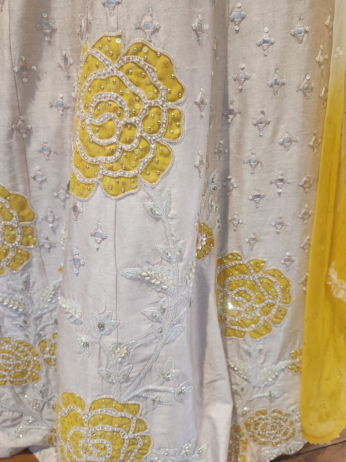 Dusty pink colour lahanga resham +pearl +sequins +mirror +patch work , mirror work blouse with net dupatta