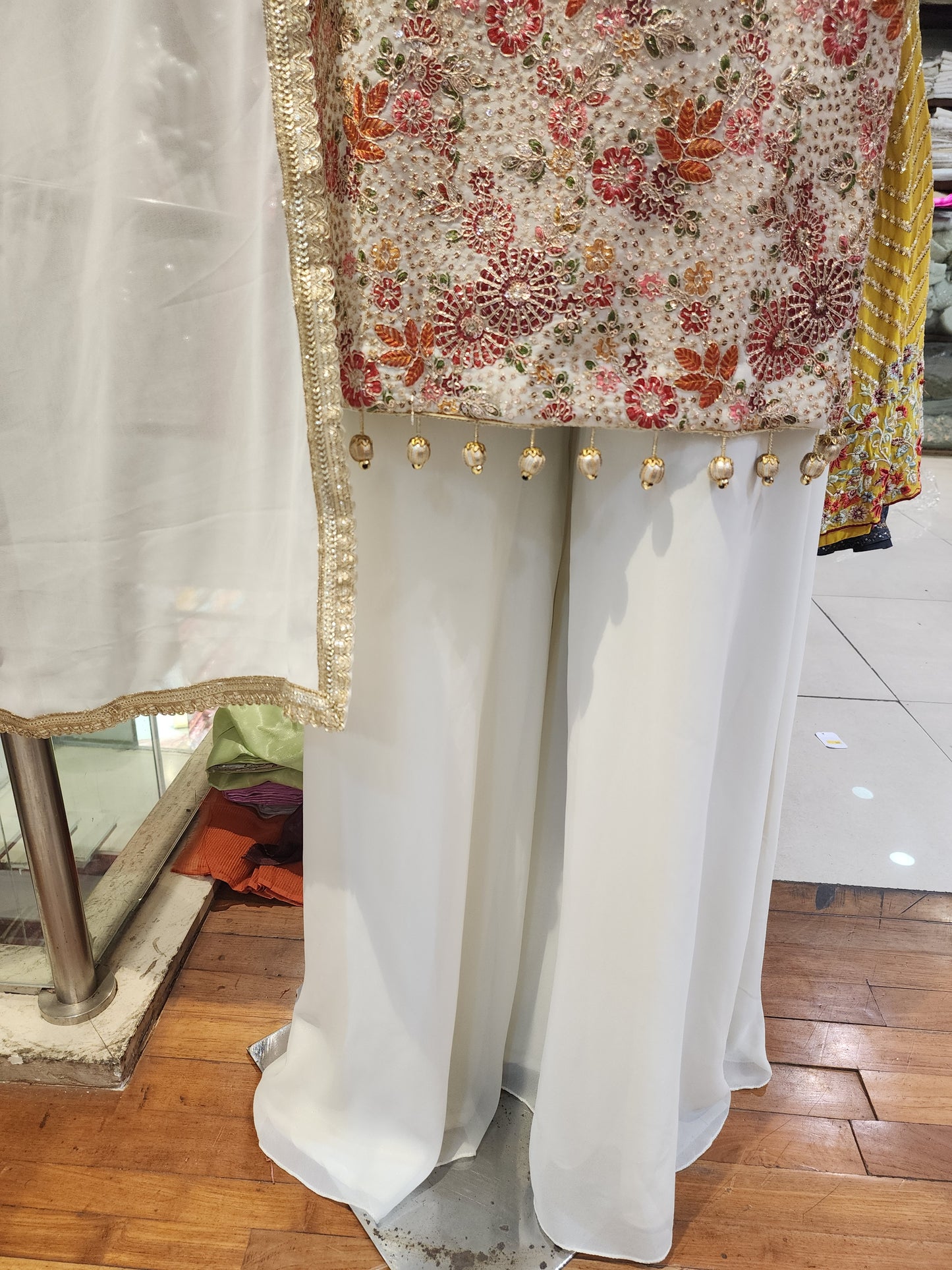 Georgette White floral sleeveless shirt with umbrella plazzo with georgette dupatta