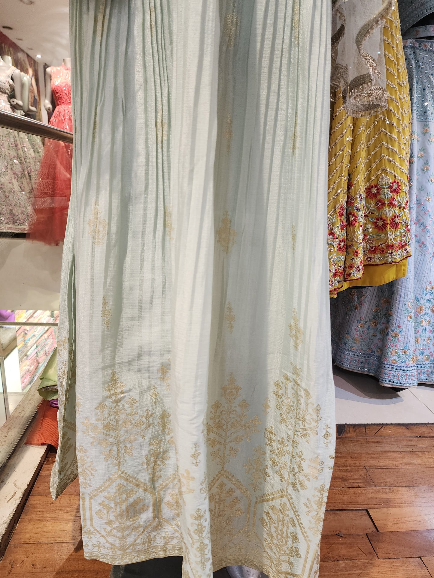 Mint colour chinon chiffon frock suit with net dupatta , mirror work Xl