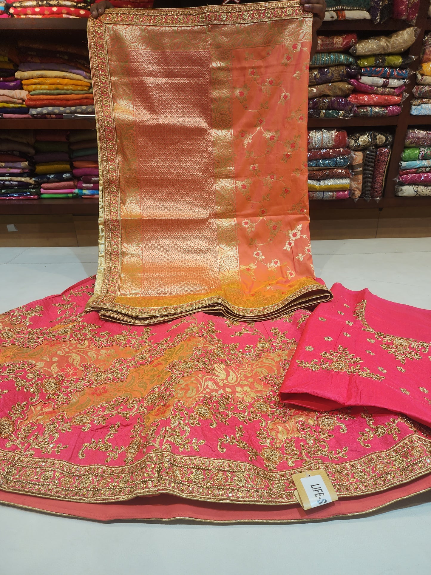 Pink colour pure silk lahanga kundan and zari work