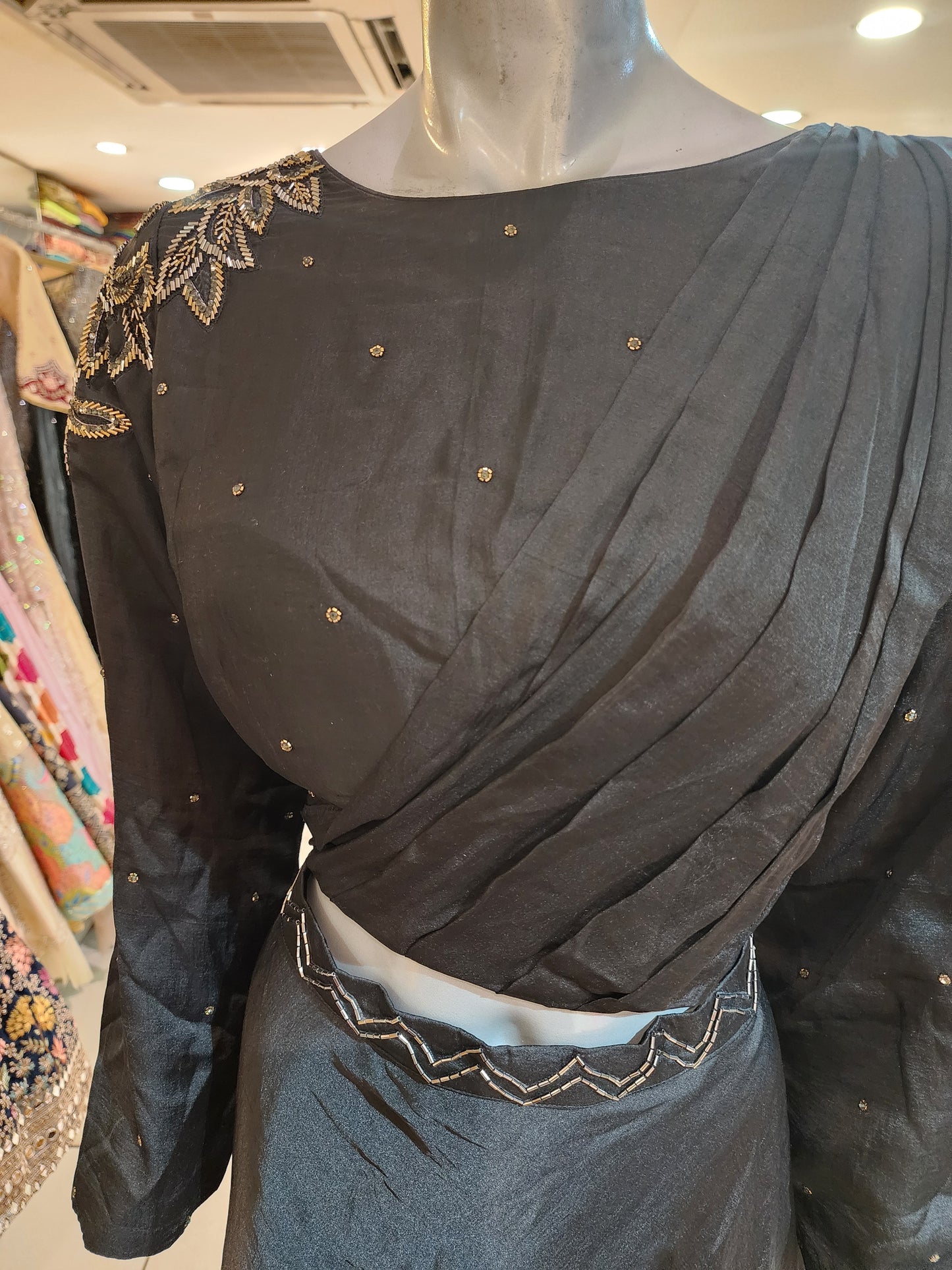 Black drape saree lehanga with cut dana work