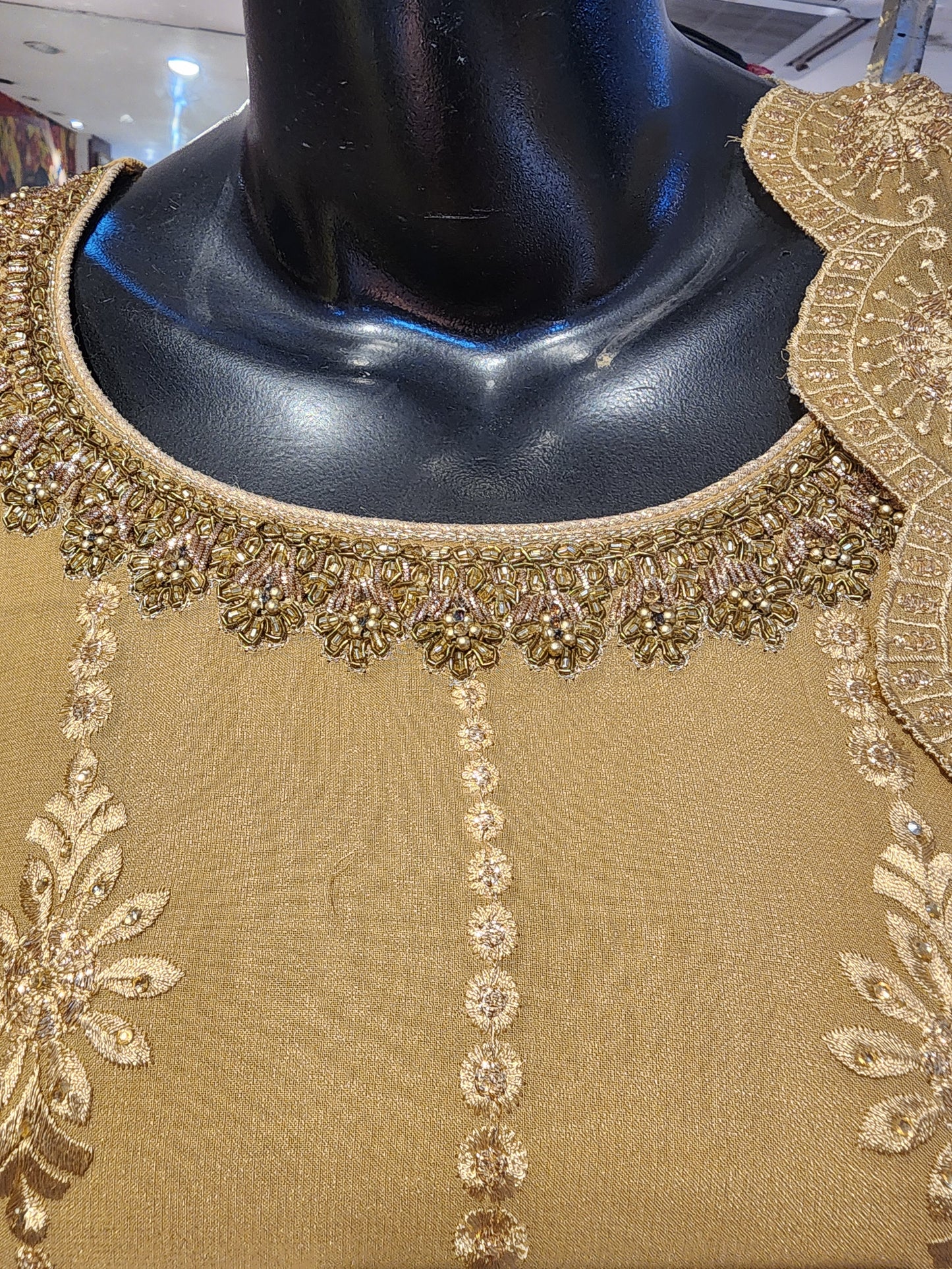 Golden brown georgette chikankari resham work shirt with dupatta sharara suit