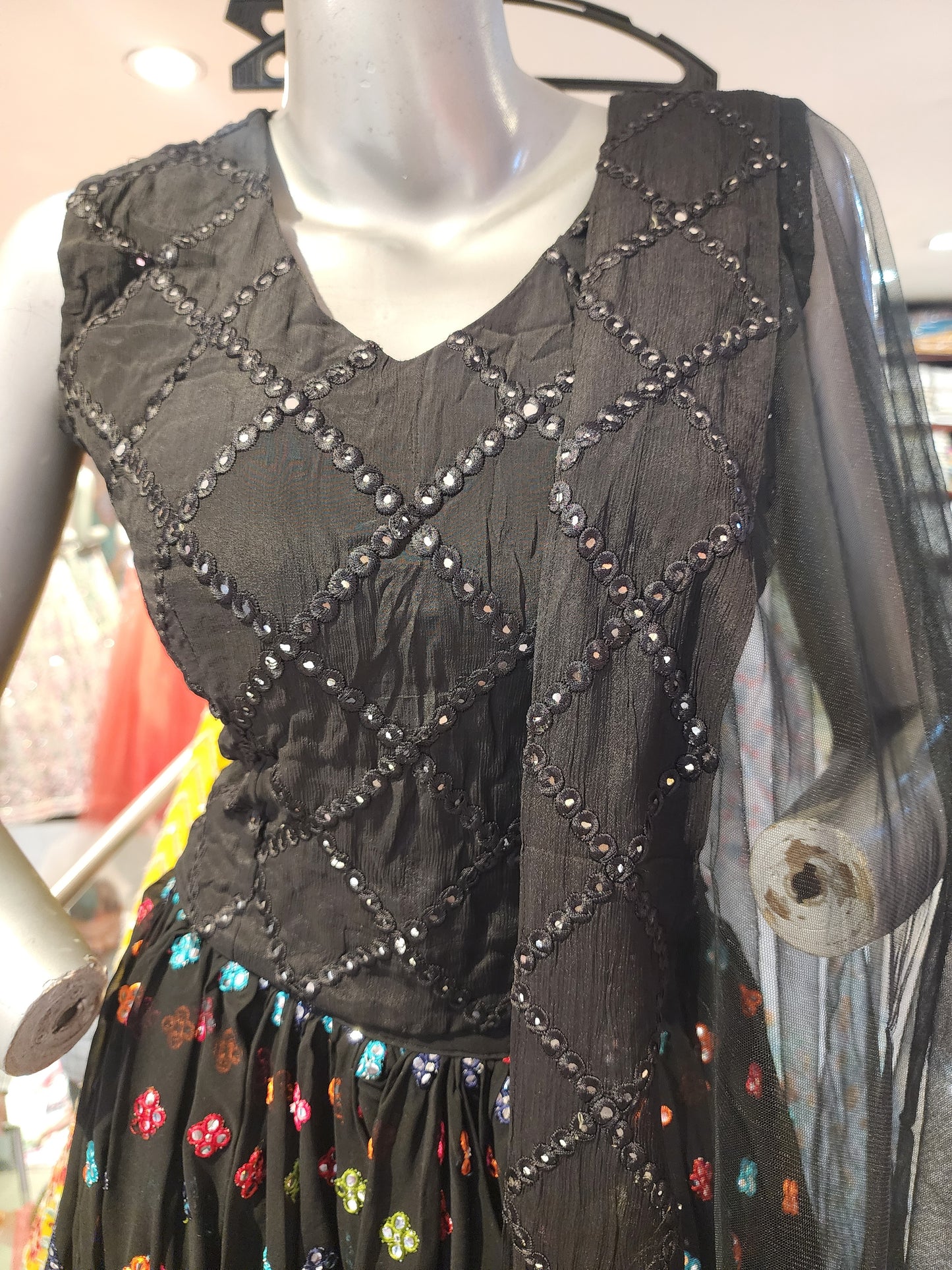 Black colour semi georgette multicolour lezar work lehanga with net dupatta