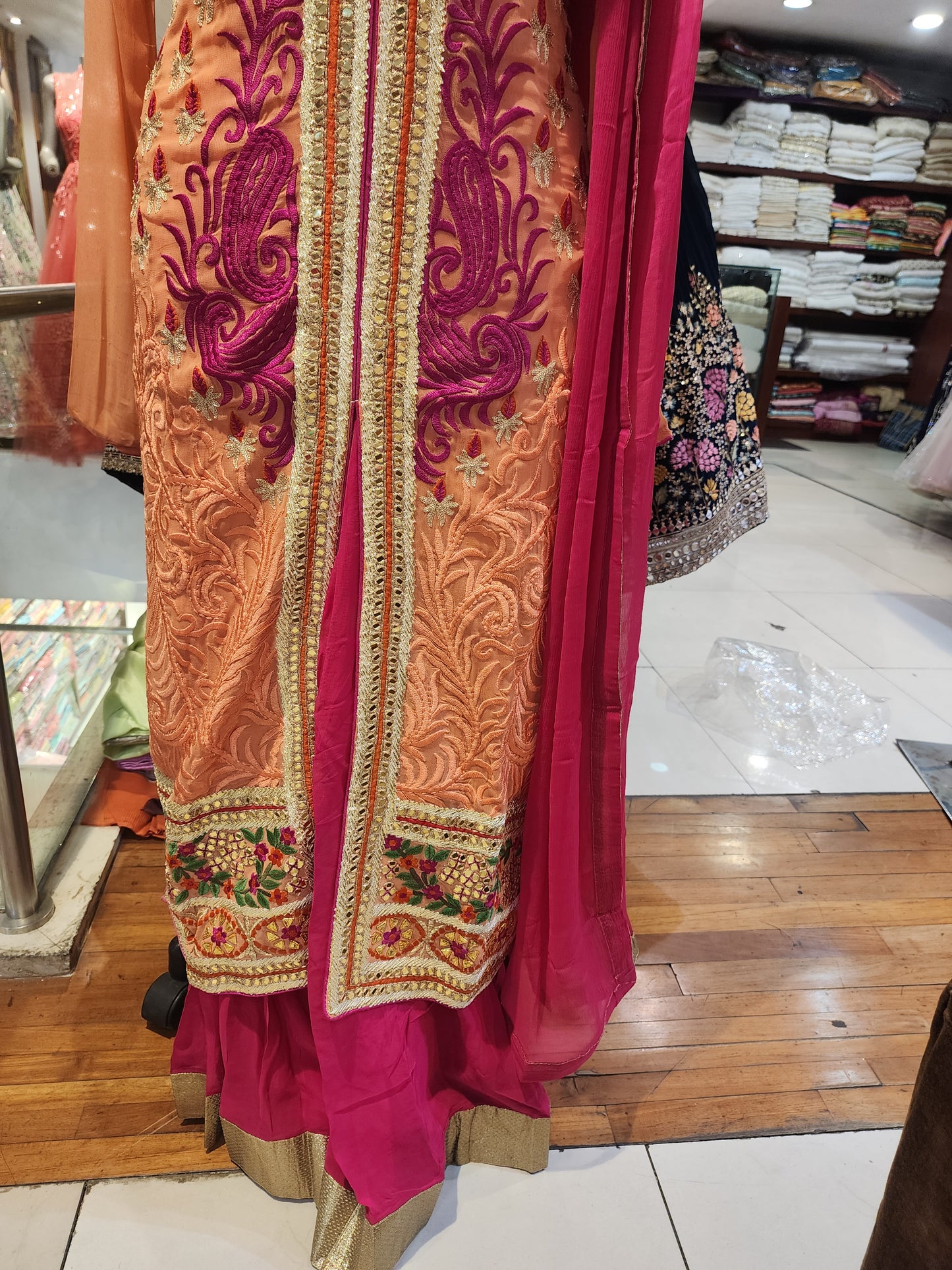 Peach and magenta pure georgette sharara achkan style stitch suit , gota patti + resham work