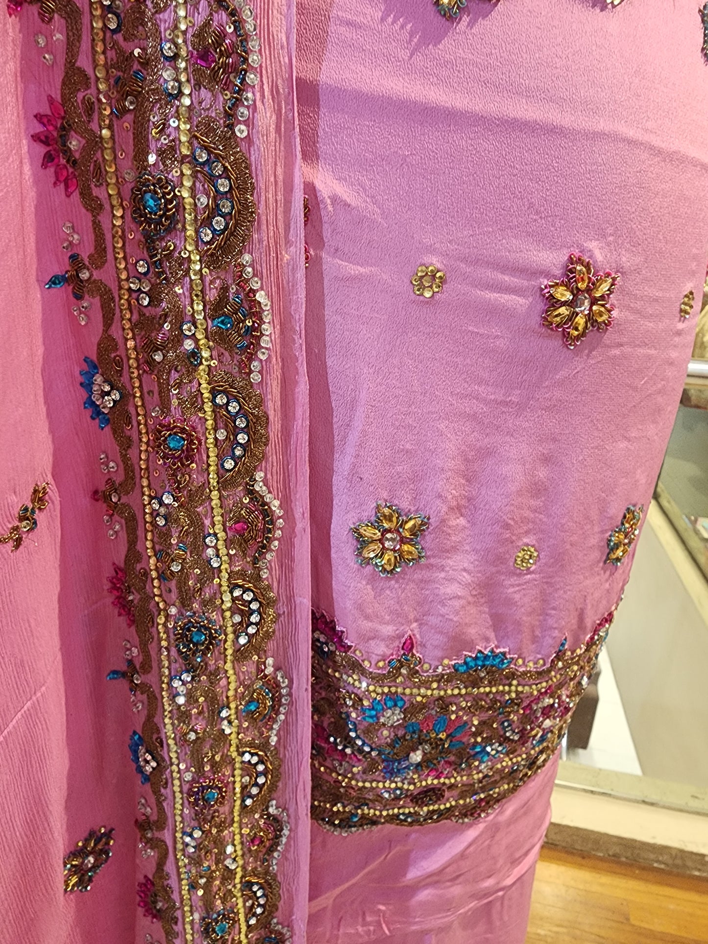 Pink Pure crepe multi colour kunden work + antique zari work suit with four side border chinnon chiffon dupatta