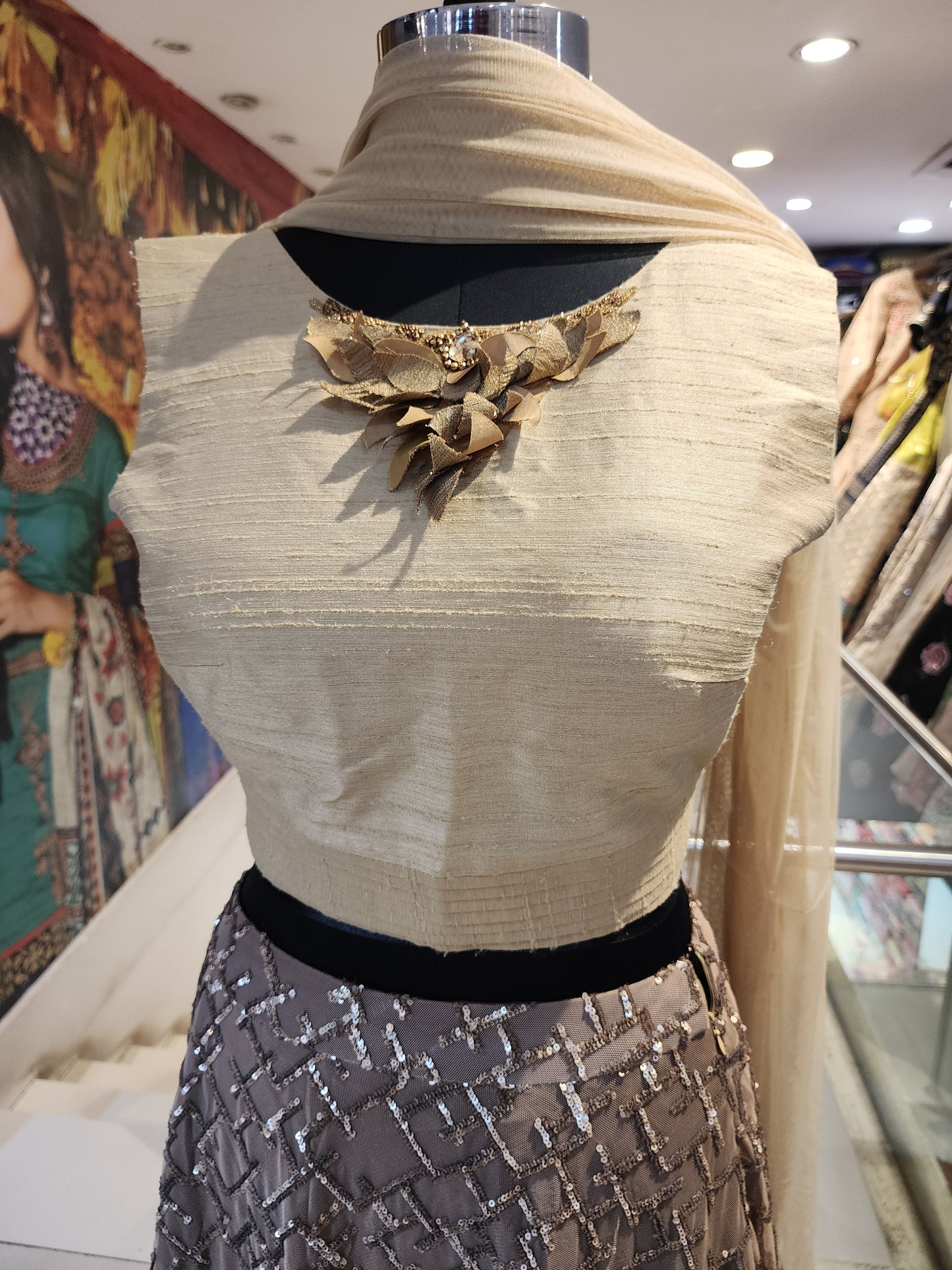 Dusty mauve fabrication lehanga with raw silk choli