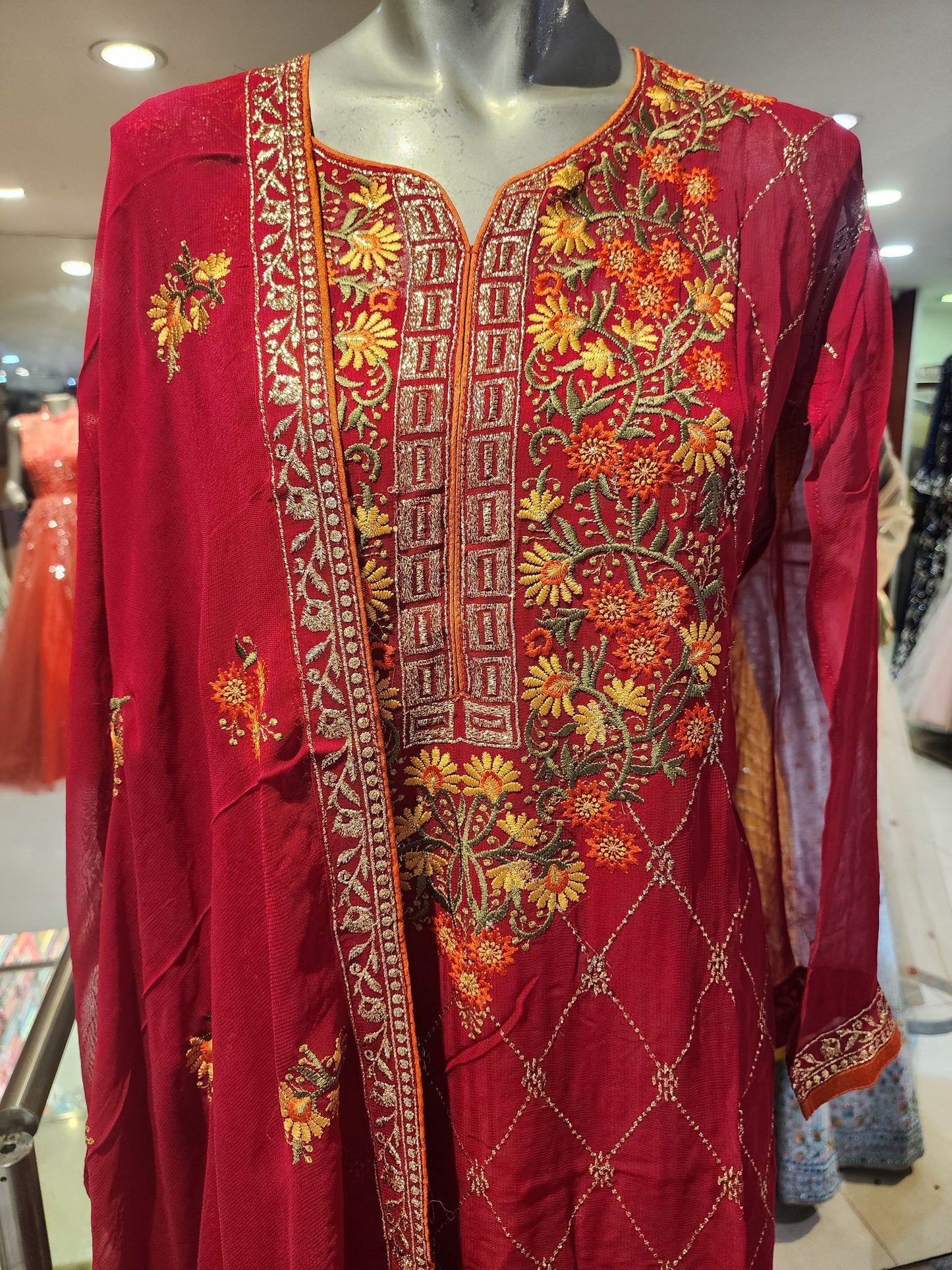 Red colour machinethread work sharara suit