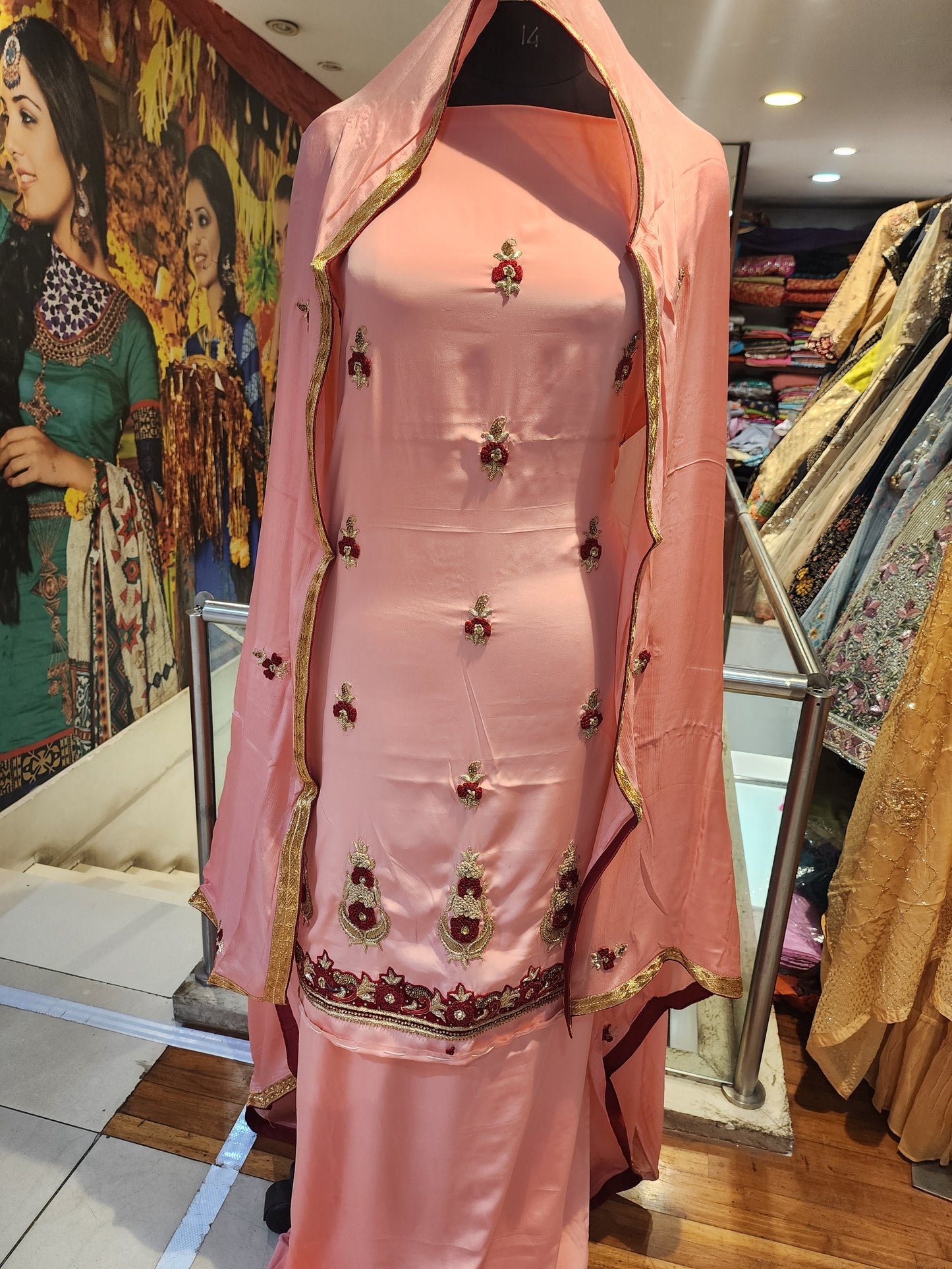 Pure crepe peach colour, resham and dabka work unstiched suit with chinon chiffon dupatta
