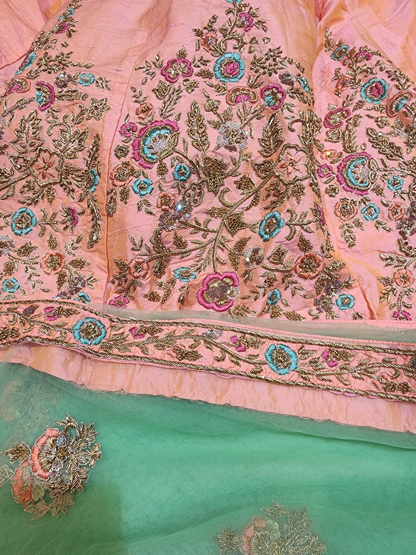 Pure silk dabka sequins resham work heavy blouse work , peach and pista Green colour lehanga Freesize