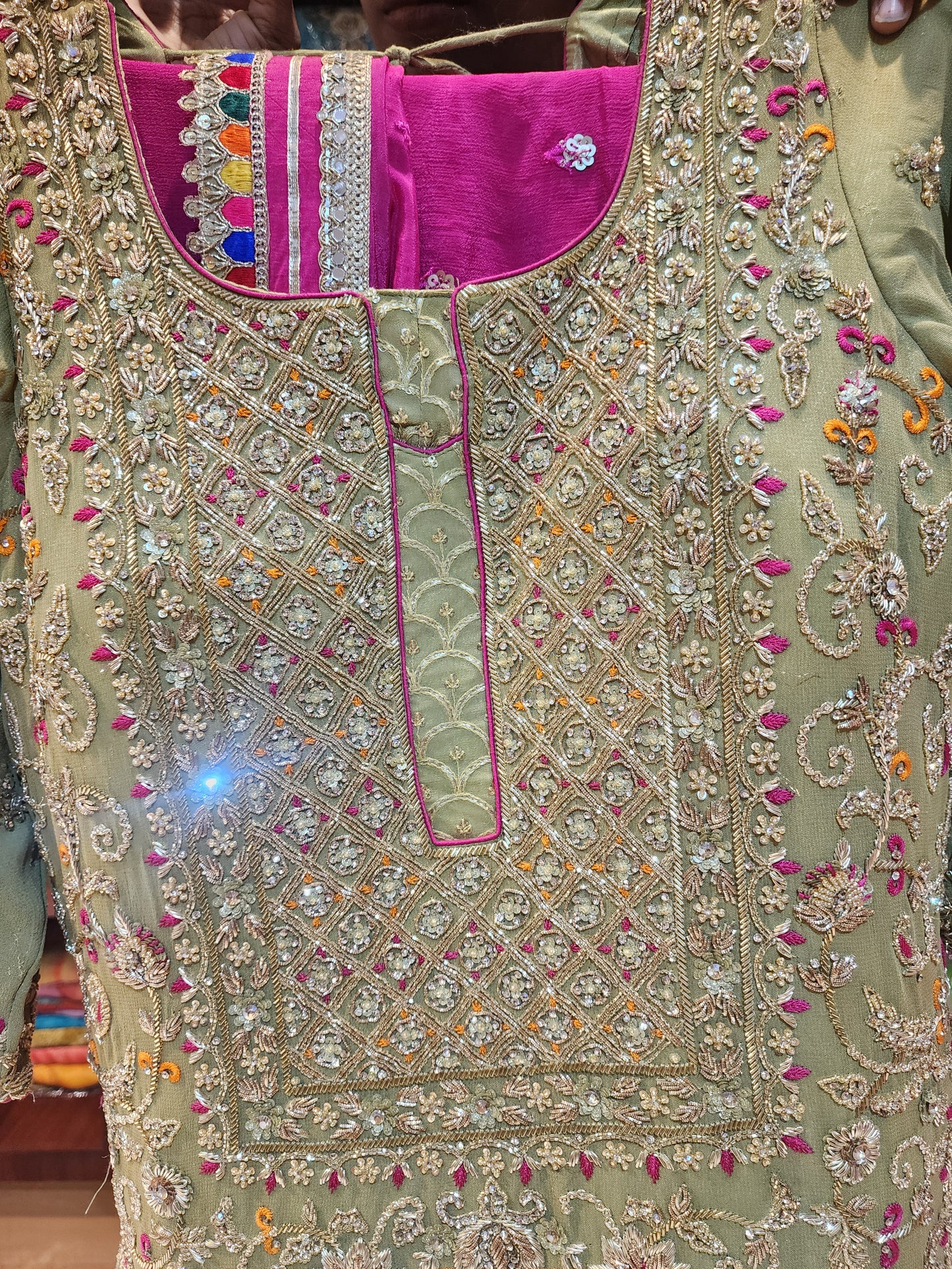 Pista Green handwork shirt and lakhnavi sequins lehanga with magenta dupatta with border