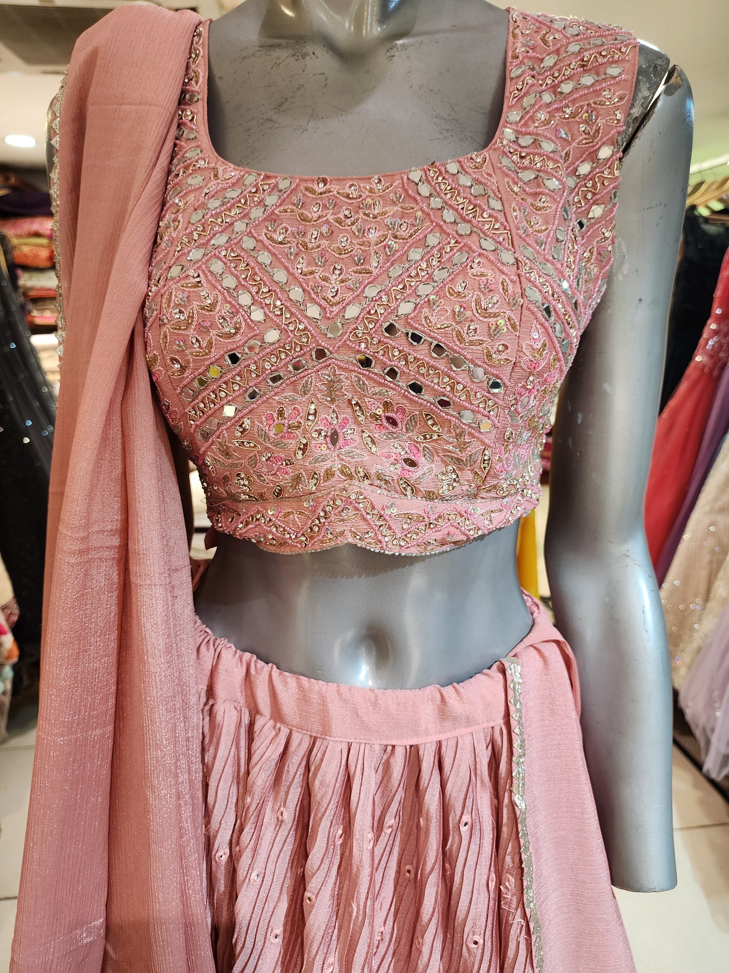 Pink georgette mirror work lehanga