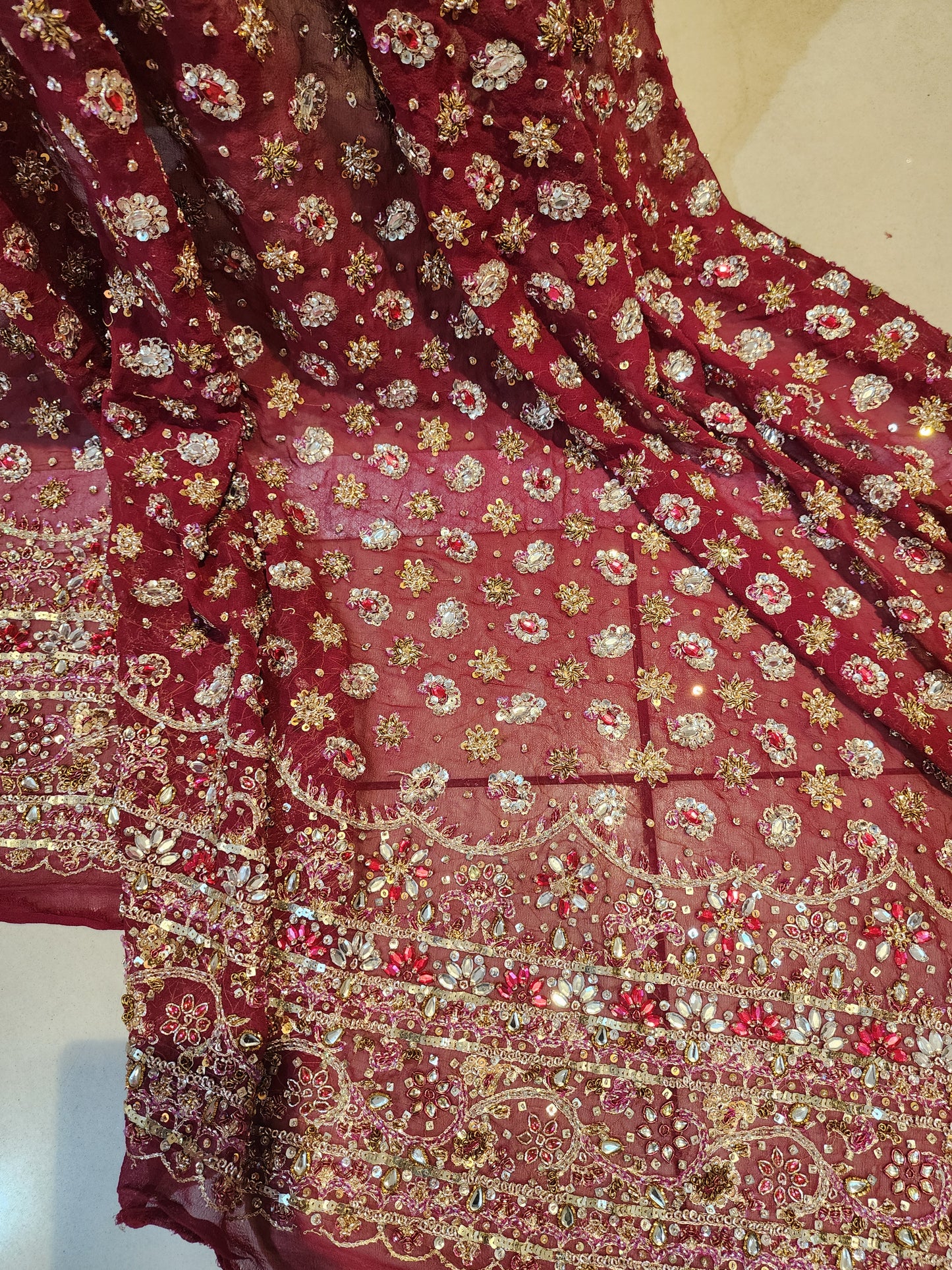 Maroon pure crepe dabka +kunden work suit with all over jaal with border Georgette dupatta