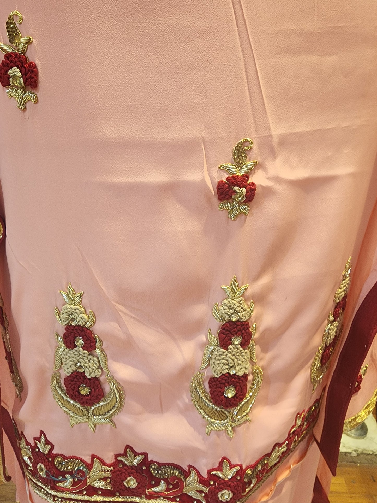 Pure crepe peach colour, resham and dabka work unstiched suit with chinon chiffon dupatta