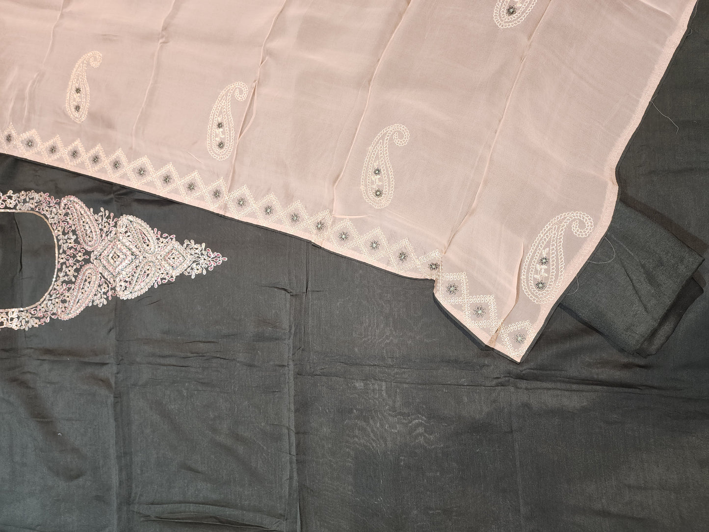 Cotton silk unstiched suit with organza dupatta handwork