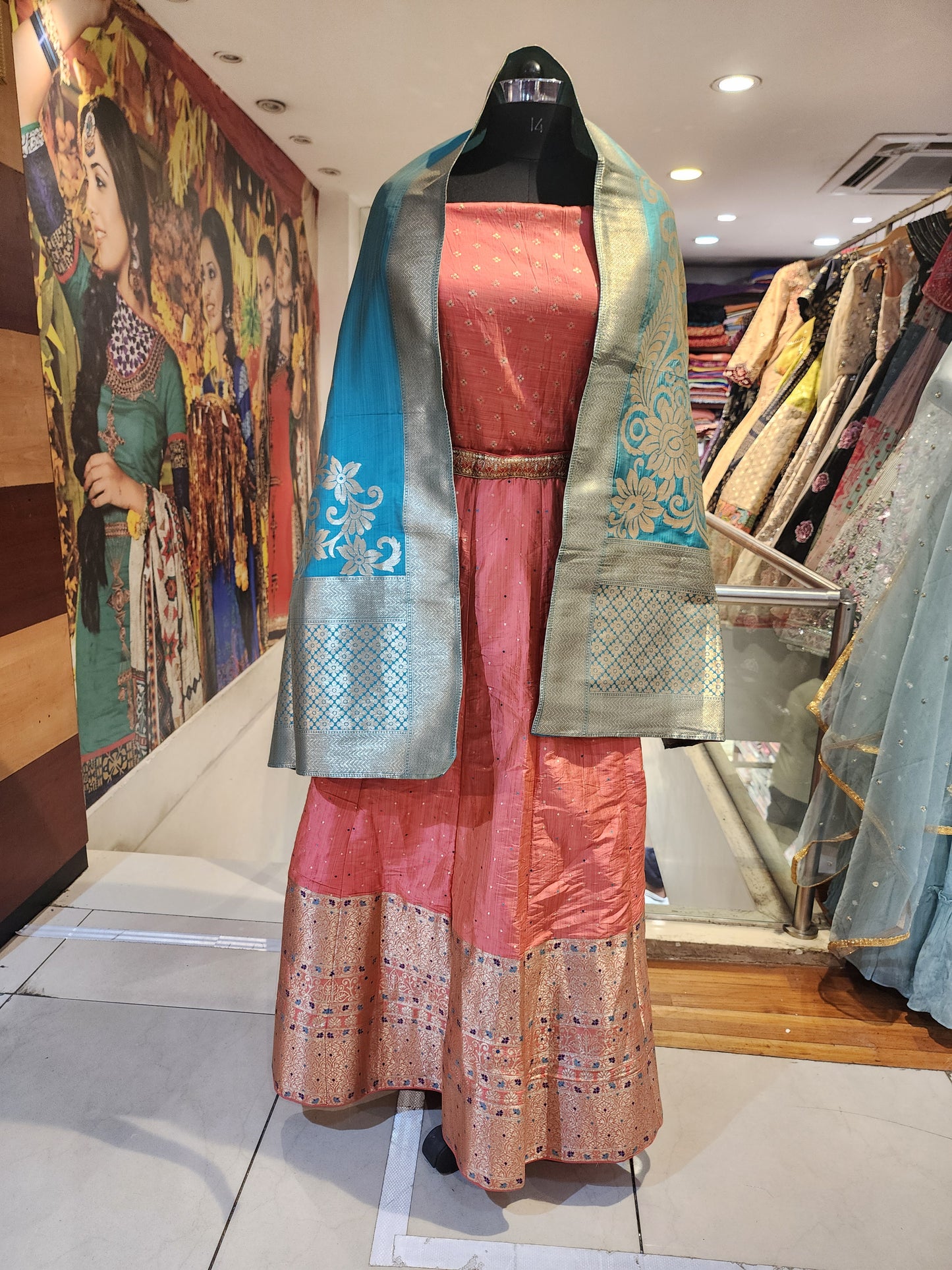 Orange banarsi silk lehanga with firozi banarsi dupatta