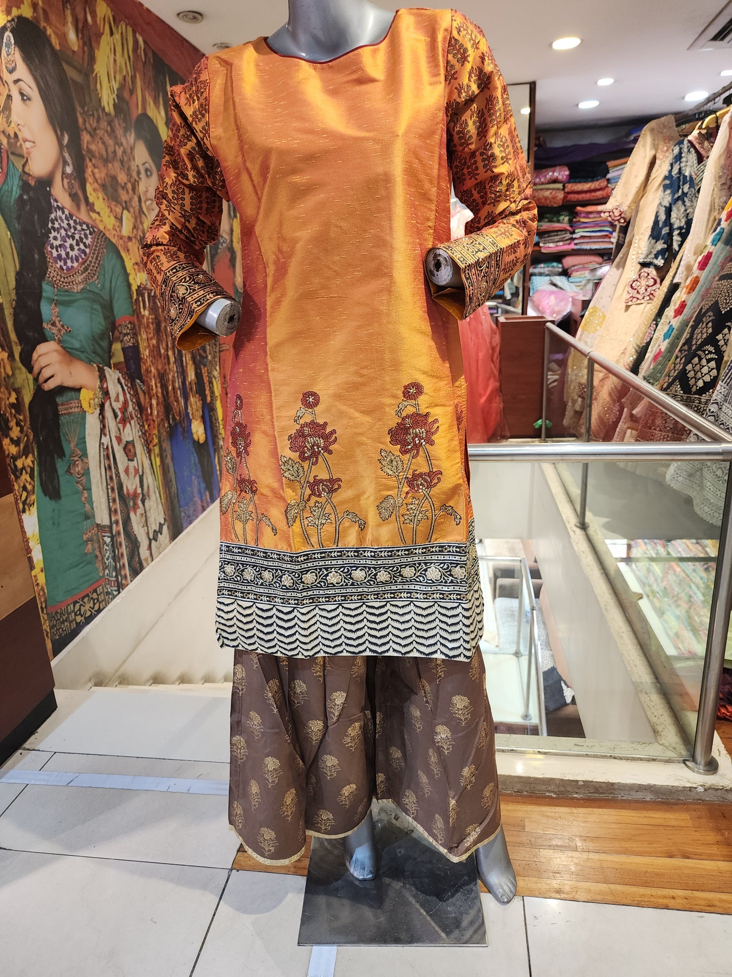 Orange cotton raw silk readymade suit sharara
