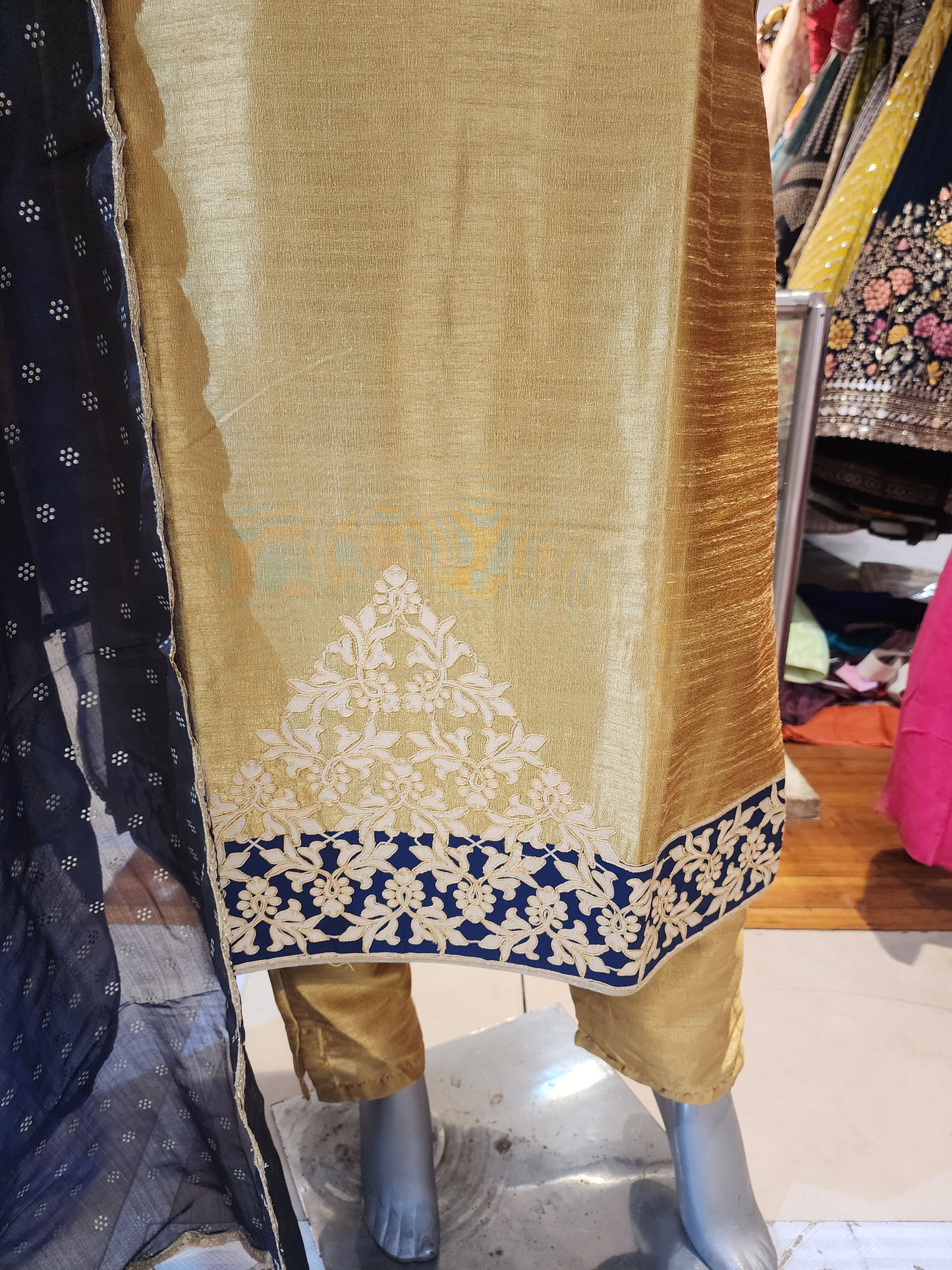 Golden raw silk with pant suit dupatta nevy blue colour with sequins lace