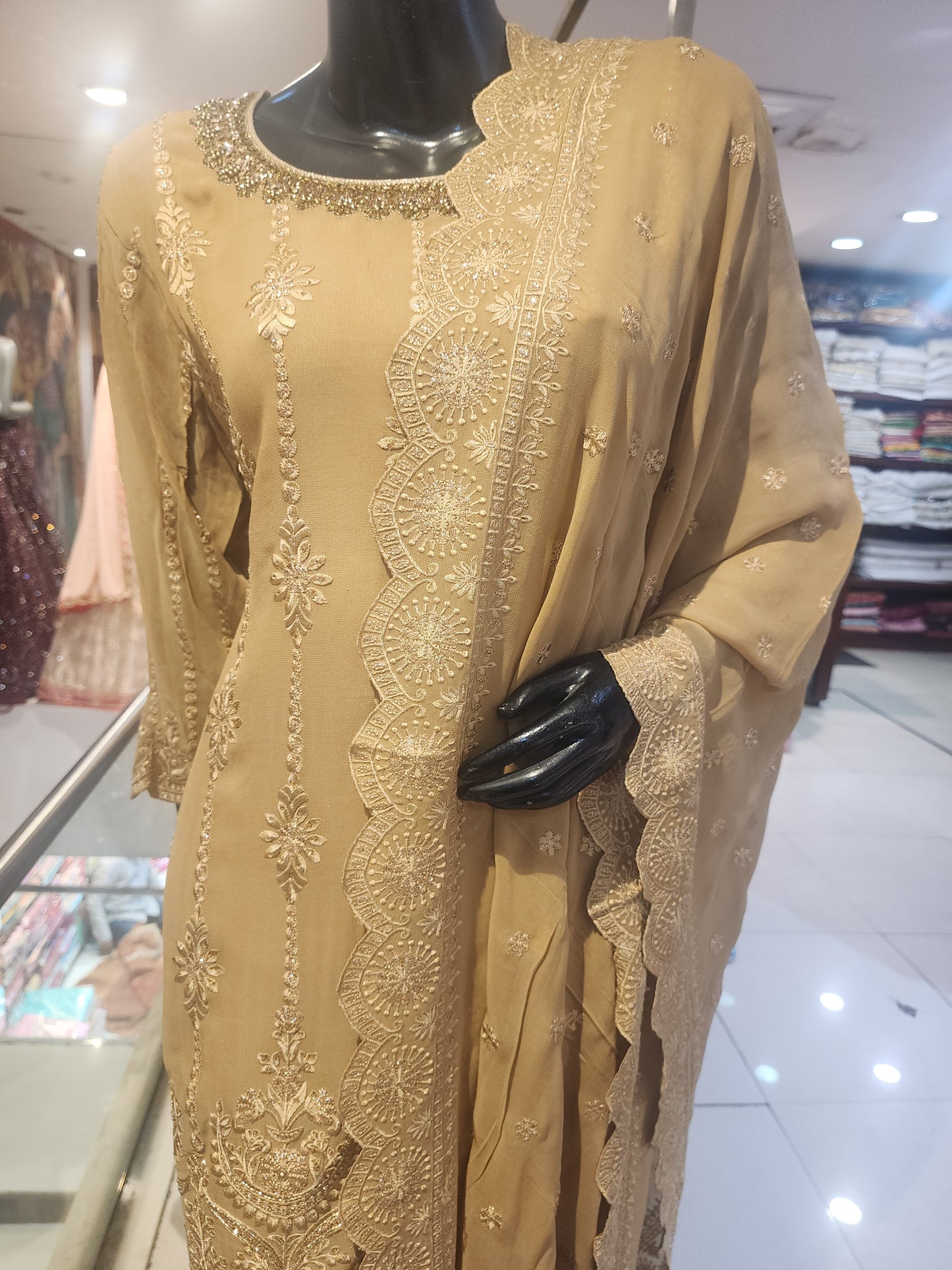 Golden brown georgette chikankari resham work shirt with dupatta sharara suit