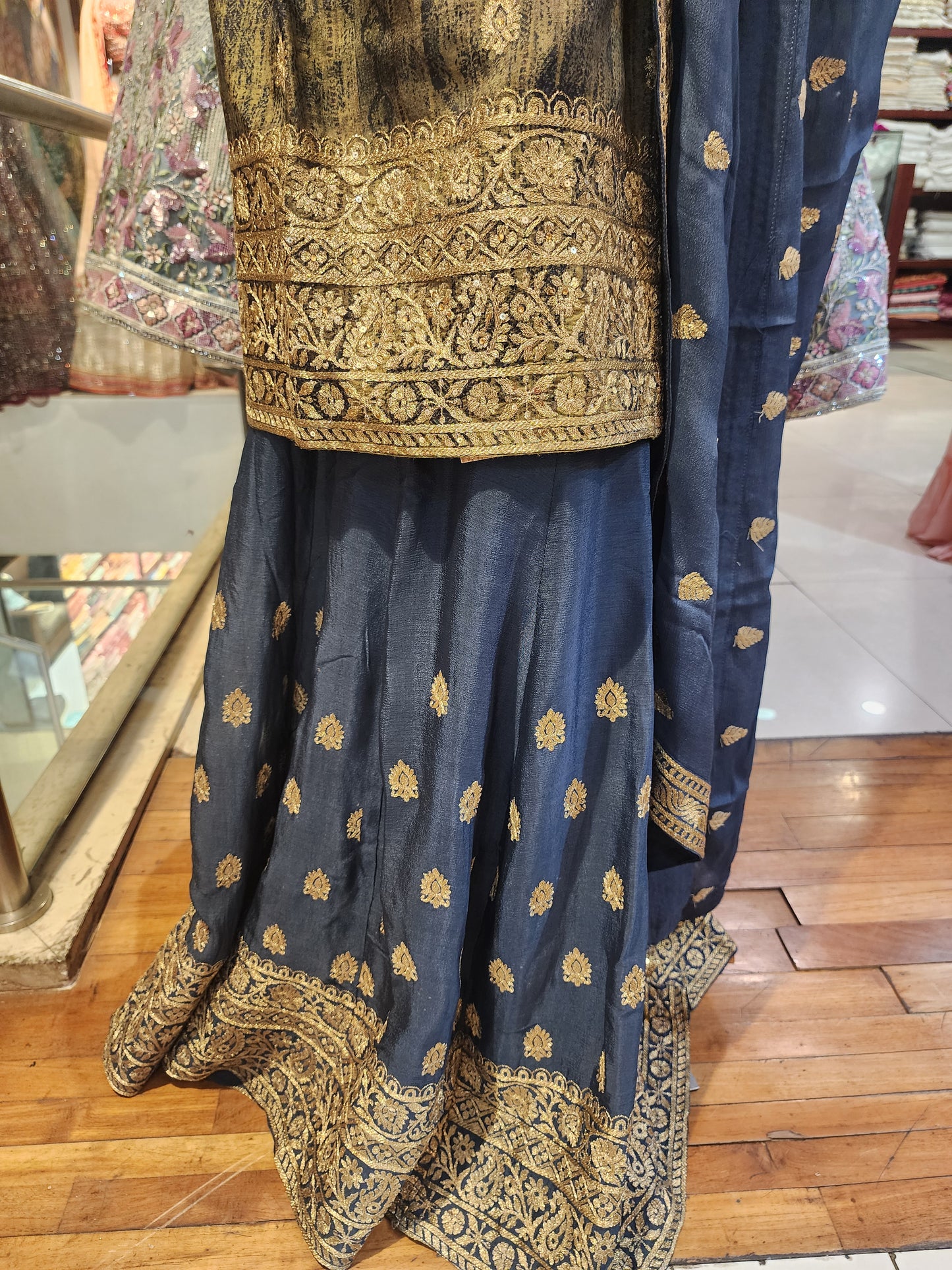 Mehandi Green + smoked Grey sharara suit ,aari work stitched suit