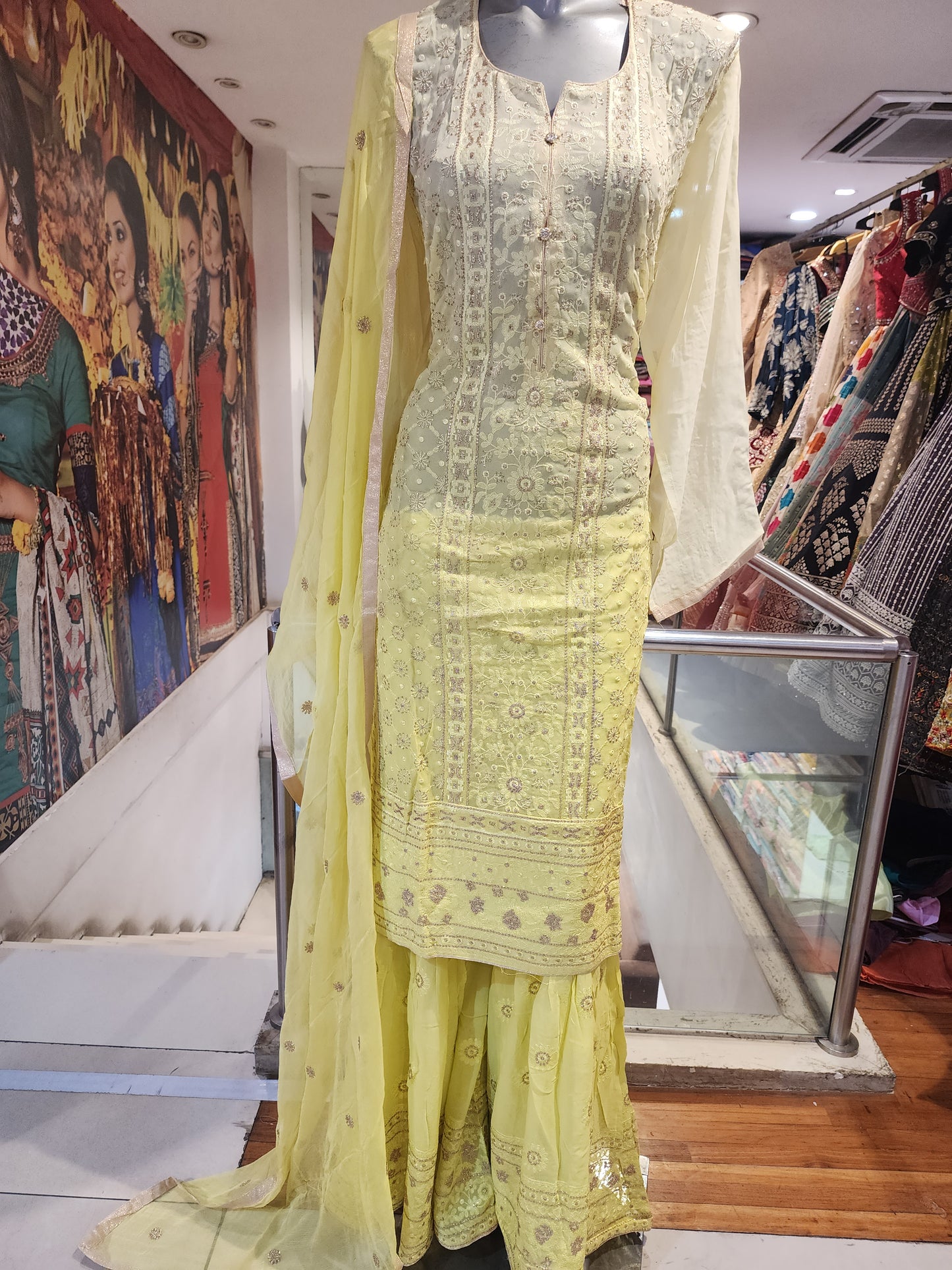 Lemon two shade georgette garara suit , machine Lucknowi work