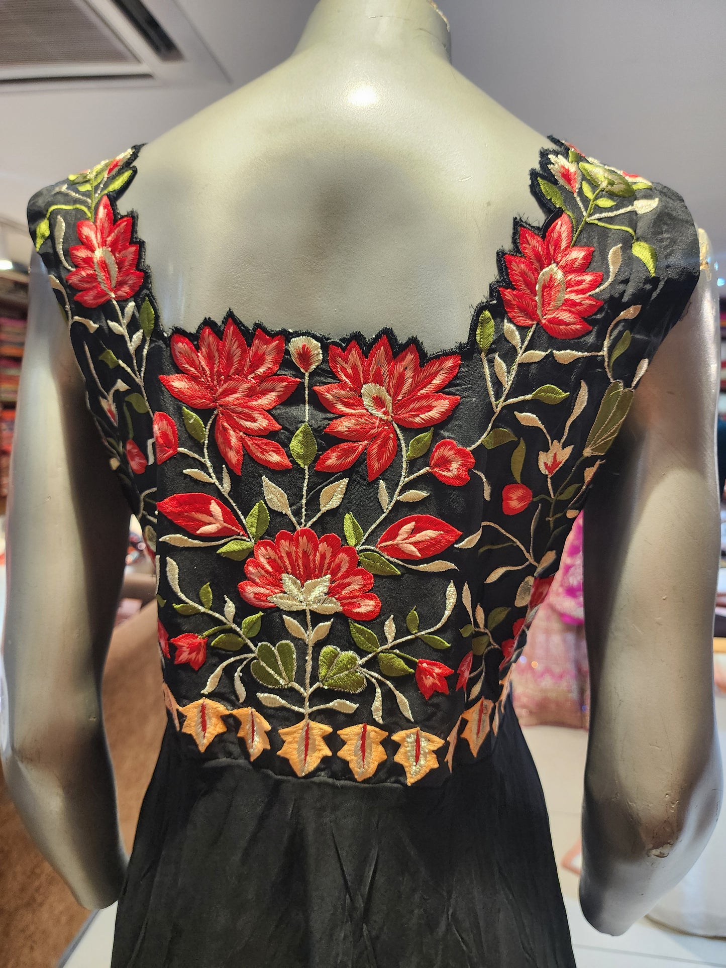 Black georgette party gown machine work