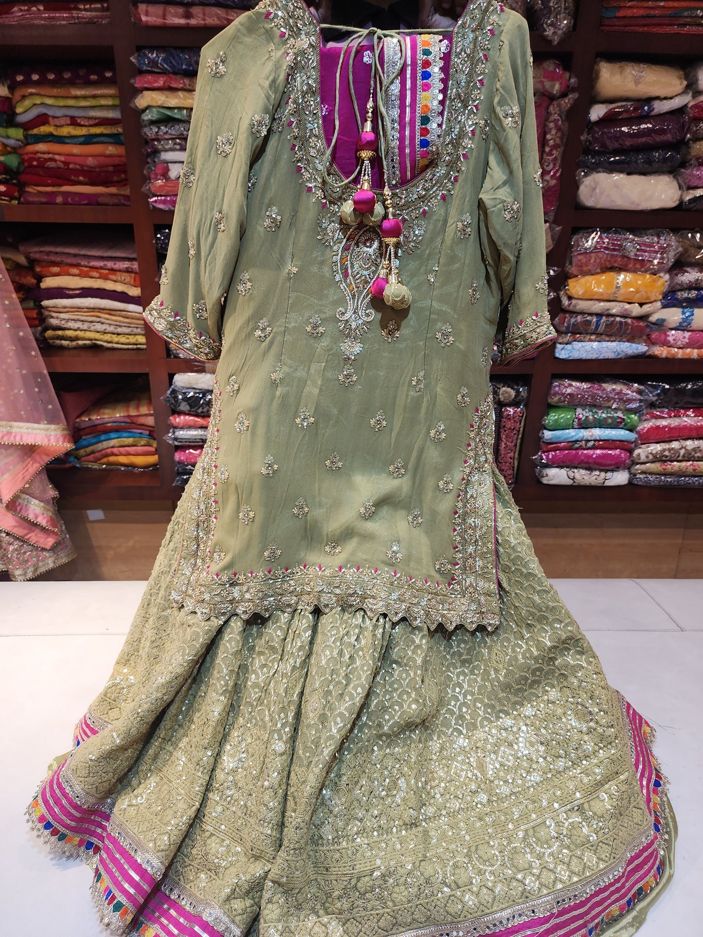 Pista Green handwork shirt and lakhnavi sequins lehanga with magenta dupatta with border