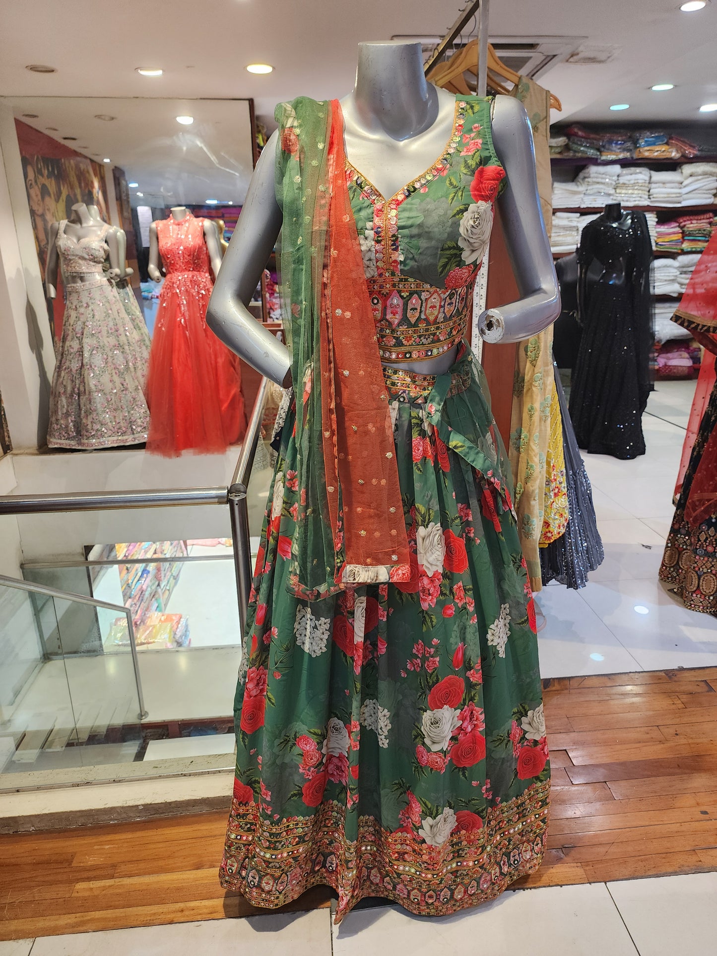 Printed Green georgette lehanga thread work border with net dupatta